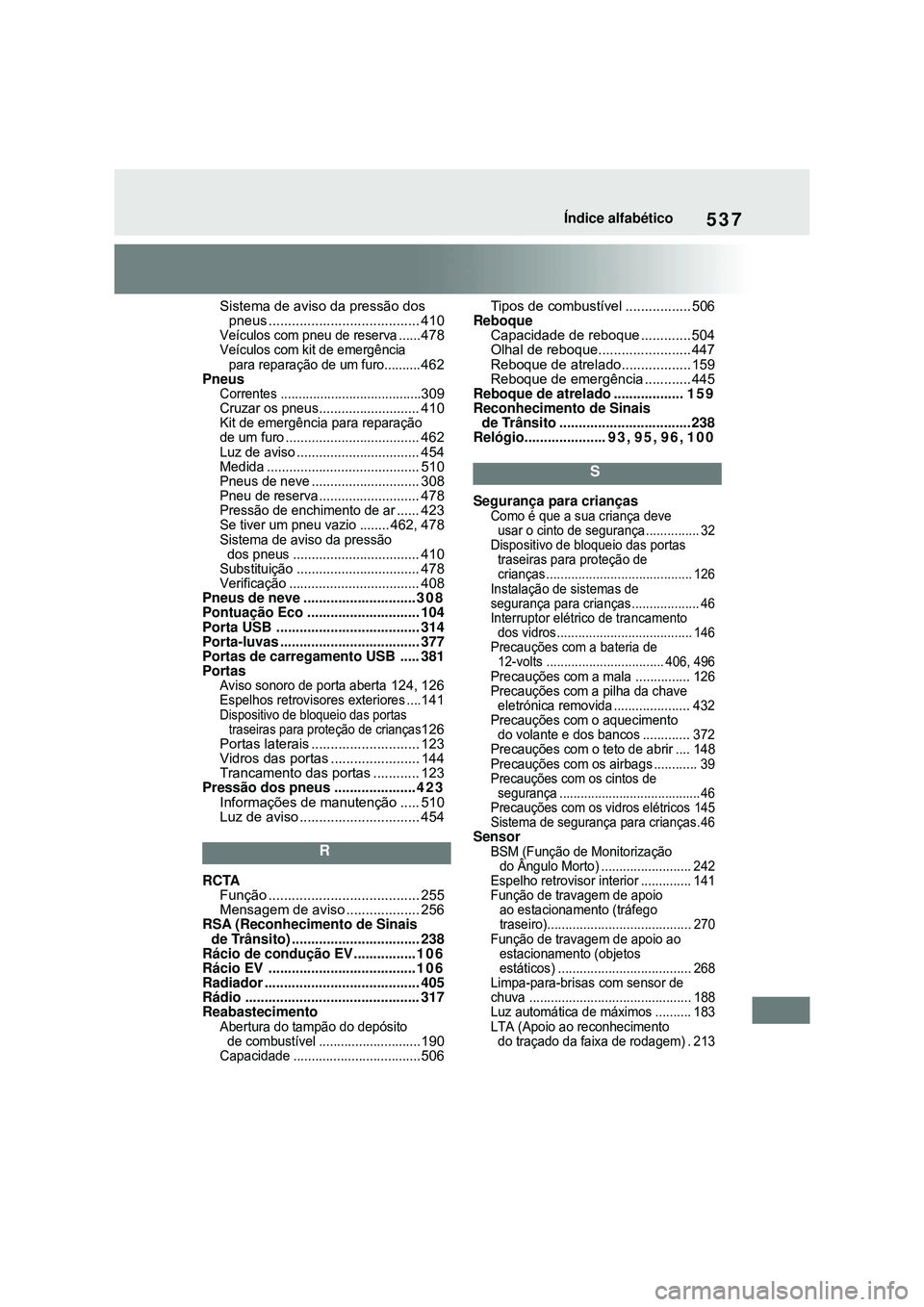 TOYOTA COROLLA 2022 Manual de utilização (in Portuguese) 537Índice alfabético
Sistema de aviso da pressão dos
pneus ....................................... 410
Veículos com pneu de reserva ......478Veículos com kit de emergência
para reparação de TOYOTA COROLLA 2022 Manual de utilização (in Portuguese) 537Índice alfabético
Sistema de aviso da pressão dos
pneus ....................................... 410
Veículos com pneu de reserva ......478Veículos com kit de emergência
para reparação de