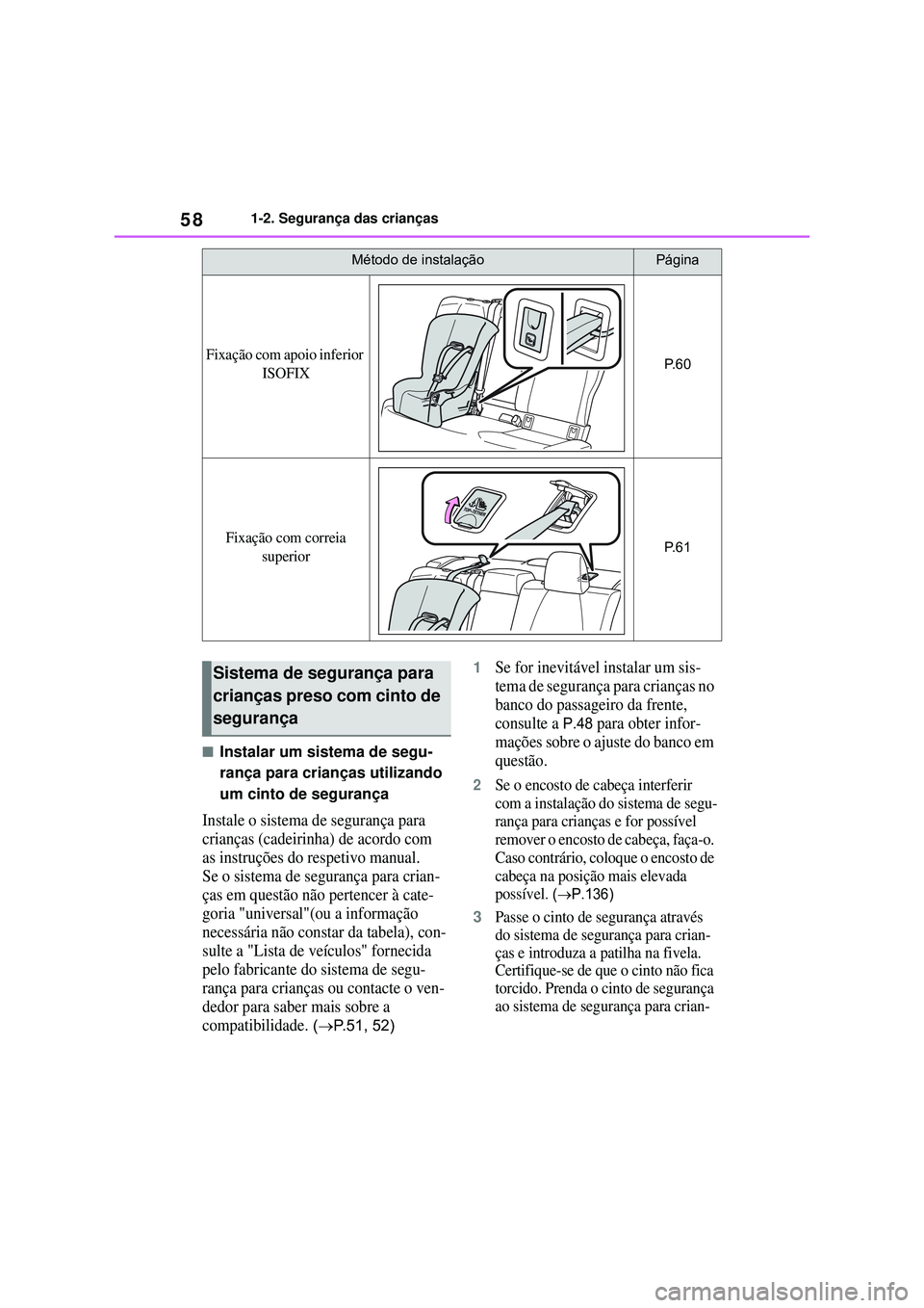 TOYOTA COROLLA 2022 Manual de utilização (in Portuguese) 581-2. Segurança das crianças
nInstalar um sistema de segu-
rança para crianças utilizando
um cinto de segurança
Instale o sistema de segurança para
crianças (cadeirinha) de acordo com
as in TOYOTA COROLLA 2022 Manual de utilização (in Portuguese) 581-2. Segurança das crianças
nInstalar um sistema de segu-
rança para crianças utilizando
um cinto de segurança
Instale o sistema de segurança para
crianças (cadeirinha) de acordo com
as in