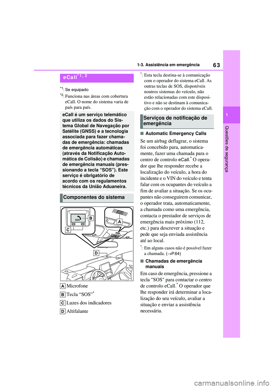 TOYOTA COROLLA 2022 Manual de utilização (in Portuguese) 63
1 1-3. Assistência em emergência
Questões de segurança
1-3.Assistência em emergência
*1: Se equipado
*2:Funciona nas áreas com cobertura
eCall. O nome do sistema varia de
país para país
TOYOTA COROLLA 2022 Manual de utilização (in Portuguese) 63
1 1-3. Assistência em emergência
Questões de segurança
1-3.Assistência em emergência
*1: Se equipado
*2:Funciona nas áreas com cobertura
eCall. O nome do sistema varia de
país para país