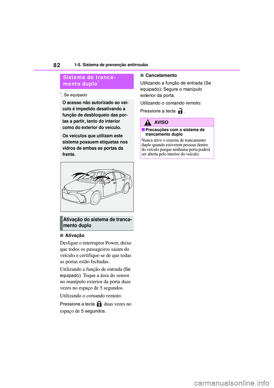 TOYOTA COROLLA 2022 Manual de utilização (in Portuguese) 821-5. Sistema de prevenção antirroubo
*: Se equipado
nAtivação
Desligue o interruptor Power, deixe
que todos os passageiros saiam do
veículo e certifique-se de que todas
as portas estão fech TOYOTA COROLLA 2022 Manual de utilização (in Portuguese) 821-5. Sistema de prevenção antirroubo
*: Se equipado
nAtivação
Desligue o interruptor Power, deixe
que todos os passageiros saiam do
veículo e certifique-se de que todas
as portas estão fech