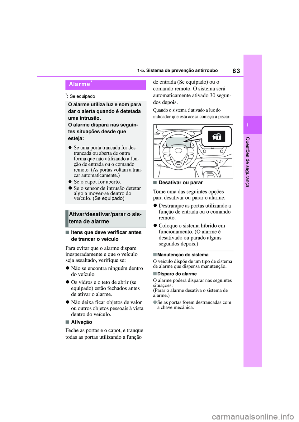 TOYOTA COROLLA 2022 Manual de utilização (in Portuguese) 83
1 1-5. Sistema de prevenção antirroubo
Questões de segurança
*: Se equipado
nItens que deve verificar antes
de trancar o veículo
Para evitar que o alarme dispare
inesperadamente e que o veí TOYOTA COROLLA 2022 Manual de utilização (in Portuguese) 83
1 1-5. Sistema de prevenção antirroubo
Questões de segurança
*: Se equipado
nItens que deve verificar antes
de trancar o veículo
Para evitar que o alarme dispare
inesperadamente e que o veí