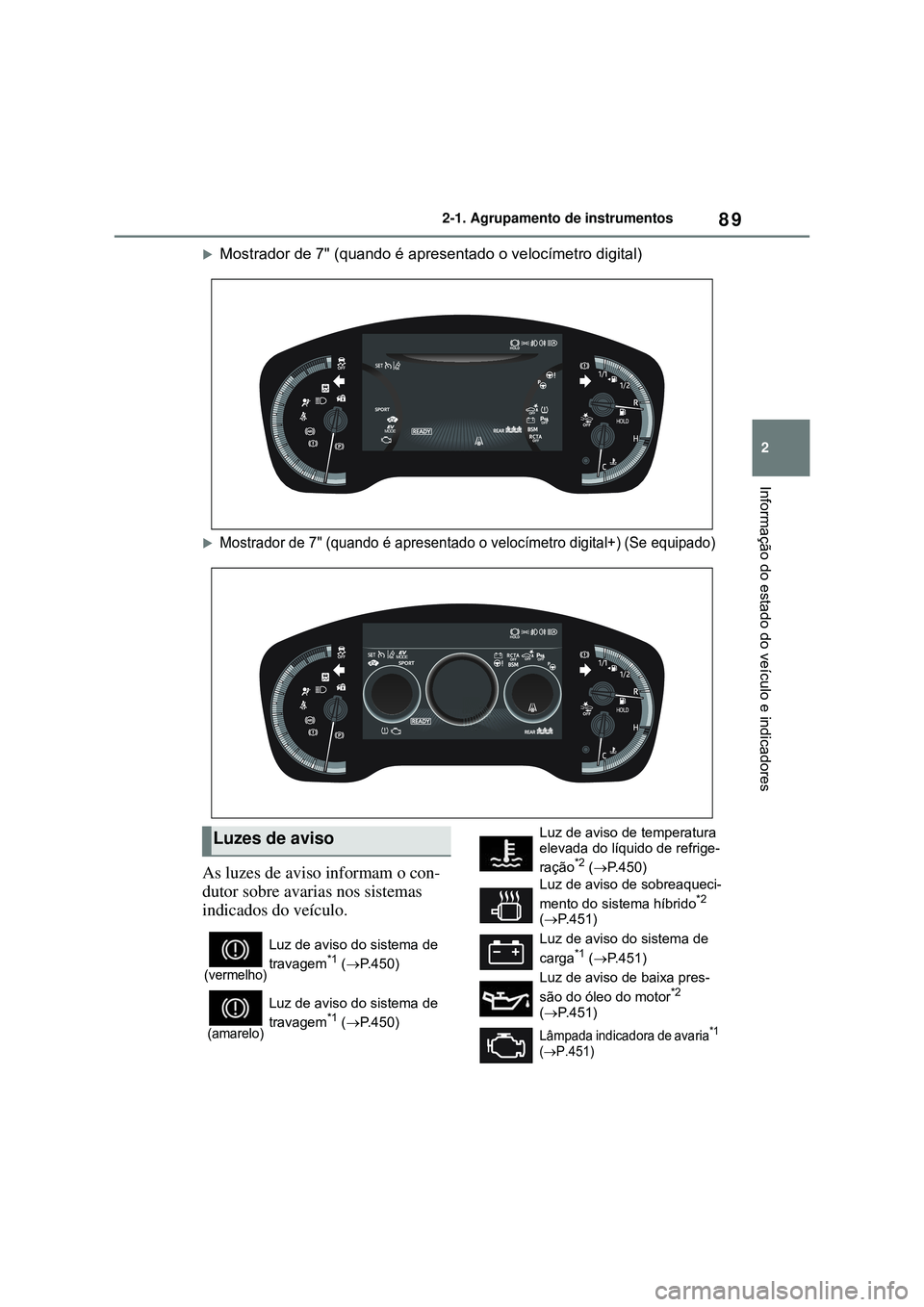 TOYOTA COROLLA 2022 Manual de utilização (in Portuguese) 89
2 2-1. Agrupamento de instrumentos
Informação do estado do veículo e indicadores
Mostrador de 7" (quando é apresentado o velocímetro digital)
Mostrador de 7" (quando é apresentado o vel TOYOTA COROLLA 2022 Manual de utilização (in Portuguese) 89
2 2-1. Agrupamento de instrumentos
Informação do estado do veículo e indicadores
Mostrador de 7" (quando é apresentado o velocímetro digital)
Mostrador de 7" (quando é apresentado o vel
