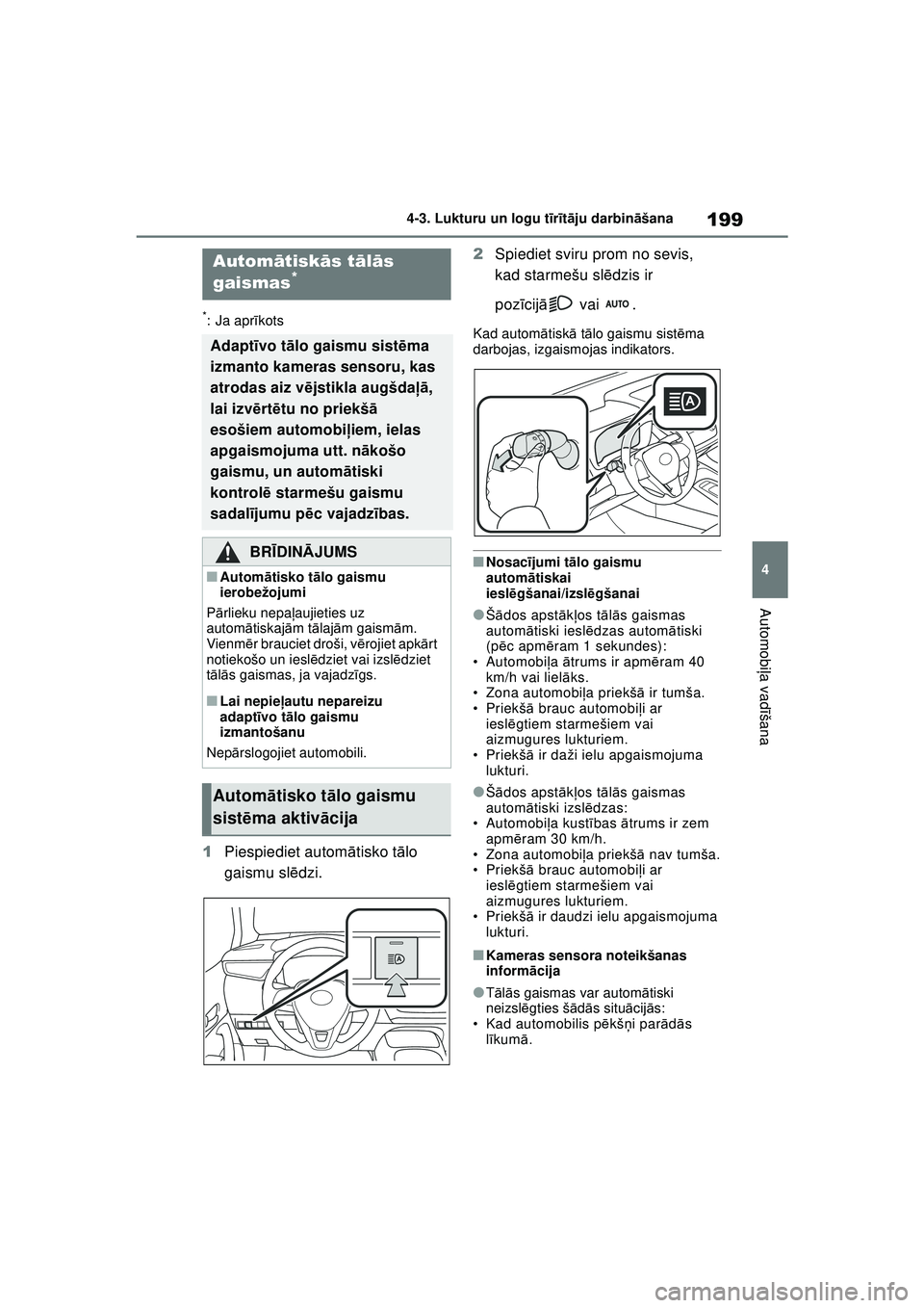 TOYOTA COROLLA HATCHBACK 2022 Lietošanas Instrukcija (in Latvian) 199
4
4-3. Lukturu un logu t
īr īt ā ju darbin āšana
Automobi ļa vadī šana
*: Ja apr īkots
1 Piespiediet autom ātisko t ālo
gaismu sl ēdzi. 2
Spiediet sviru prom no sevis,
kad starmešu TOYOTA COROLLA HATCHBACK 2022 Lietošanas Instrukcija (in Latvian) 199
4
4-3. Lukturu un logu t
īr īt ā ju darbin āšana
Automobi ļa vadī šana
*: Ja apr īkots
1 Piespiediet autom ātisko t ālo
gaismu sl ēdzi. 2
Spiediet sviru prom no sevis,
kad starmešu