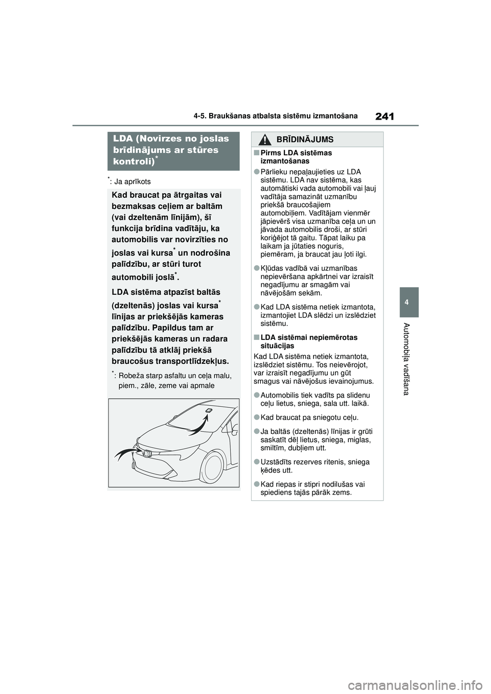 TOYOTA COROLLA HATCHBACK 2022 Lietošanas Instrukcija (in Latvian) 241
4
4-5. Braukšanas atbalsta sist
ēmu izmantošana
Automobi ļa vadī šana
*: Ja apr īkots
LDA (Novirzes no joslas
br īdin ājums ar stūres
kontroli)
*
Kad braucat pa ā trgaitas vai
bezmak TOYOTA COROLLA HATCHBACK 2022 Lietošanas Instrukcija (in Latvian) 241
4
4-5. Braukšanas atbalsta sist
ēmu izmantošana
Automobi ļa vadī šana
*: Ja apr īkots
LDA (Novirzes no joslas
br īdin ājums ar stūres
kontroli)
*
Kad braucat pa ā trgaitas vai
bezmak