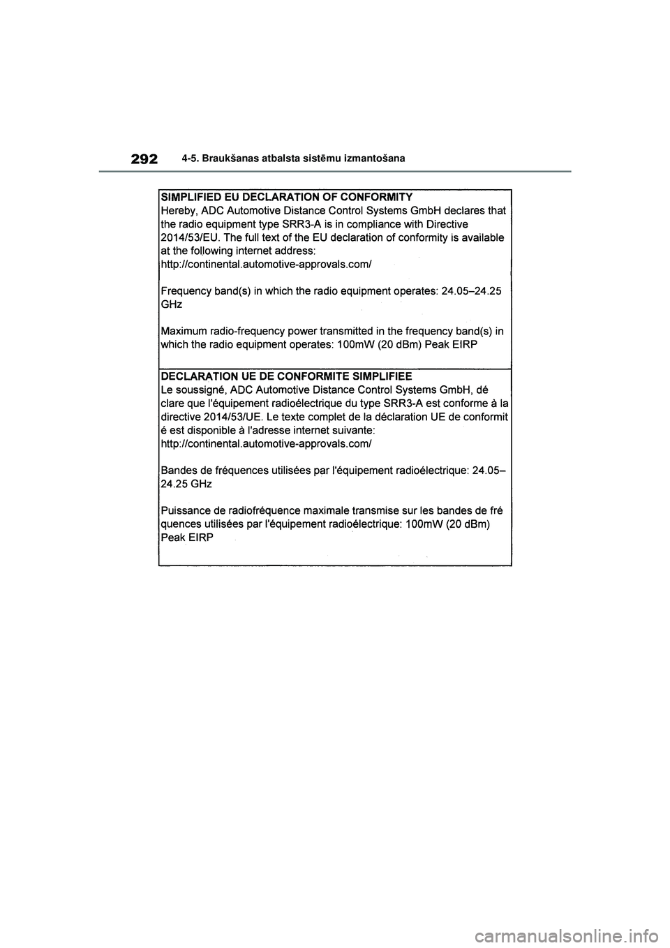 TOYOTA COROLLA HATCHBACK 2022  Lietošanas Instrukcija (in Latvian) 2924-5. Braukšanas atbalsta sistēmu izmantošana
COROLLA (TMUK)_OM_Europe_OM12Q83LV_1_2201.book  Page 292  Friday, November 26, 2021  7:10 AM 