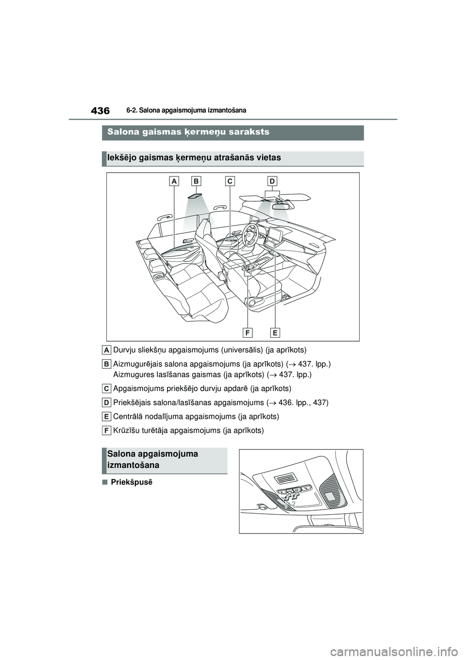 TOYOTA COROLLA HATCHBACK 2022 Lietošanas Instrukcija (in Latvian) 4366-2. Salona apgaismojuma izmantošana
6 -2 .S al ona a pgai sm ojum a izma ntoš ana
Durvju sliekšņu apgaismojums (univers ālis) (ja apr īkots)
Aizmugur ējais salona apgaismojums (ja apr īk TOYOTA COROLLA HATCHBACK 2022 Lietošanas Instrukcija (in Latvian) 4366-2. Salona apgaismojuma izmantošana
6 -2 .S al ona a pgai sm ojum a izma ntoš ana
Durvju sliekšņu apgaismojums (univers ālis) (ja apr īkots)
Aizmugur ējais salona apgaismojums (ja apr īk