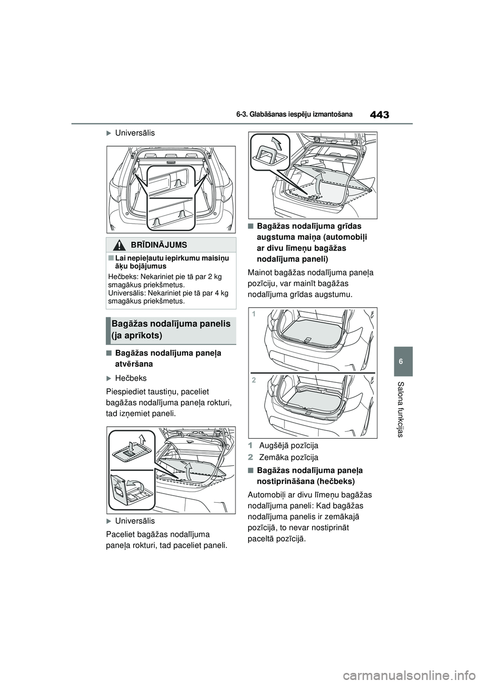 TOYOTA COROLLA HATCHBACK 2022  Lietošanas Instrukcija (in Latvian) 443
6
6-3. Glabāšanas iesp ēju izmantošana
Salona funkcijas
�XUnivers ālis
■Bag āžas nodal ījuma pane ļa 
atv ēršana
�XHe čbeks
Piespiediet tausti ņu, paceliet 
bagā žas nodal ījuma 