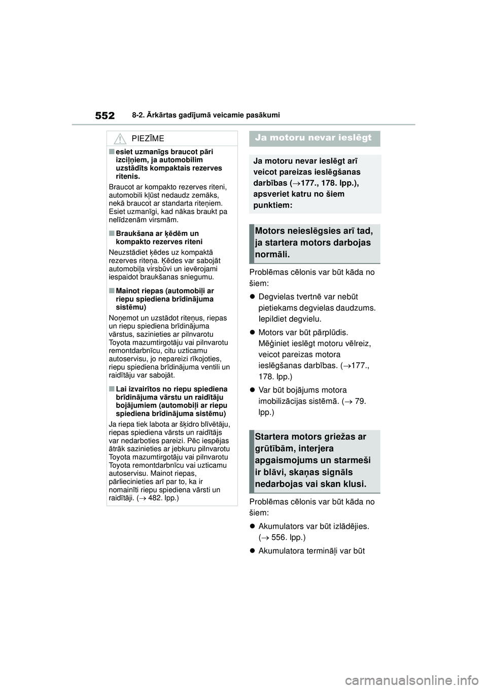 TOYOTA COROLLA HATCHBACK 2022  Lietošanas Instrukcija (in Latvian) 5528-2. Ārk ārtas gad ījum ā veicamie pas ākumi
Probl ēmas c ēlonis var b ūt k āda no 
šiem:
 Degvielas tvertn ē var neb ūt 
pietiekams degvielas daudzums. 
Iepildiet degvielu.
 Moto