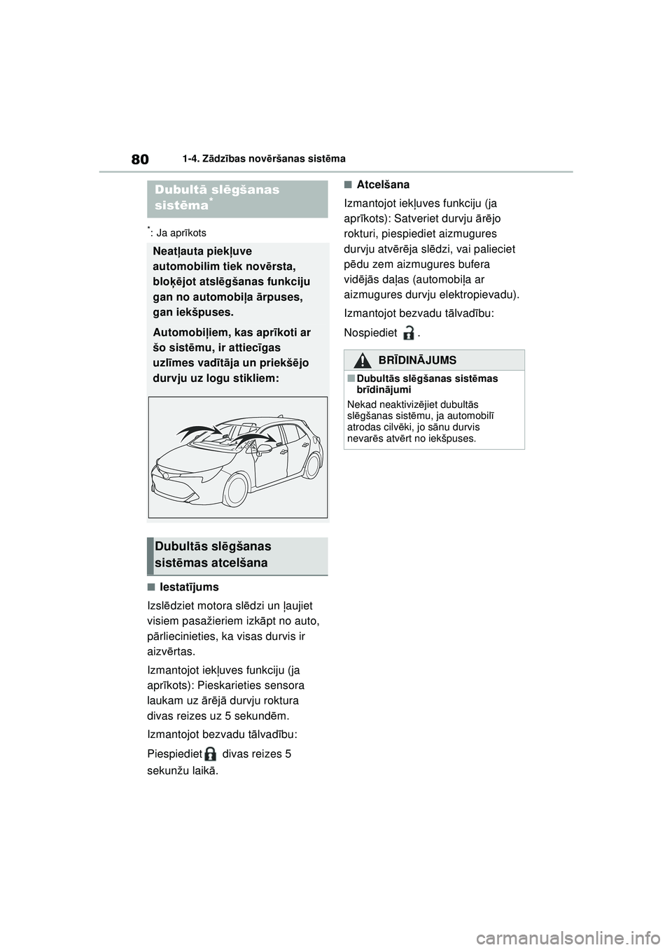 TOYOTA COROLLA HATCHBACK 2022 Lietošanas Instrukcija (in Latvian) 801-4. Zādzības novē ršanas sist ēma
*: Ja apr īkots
■Iestat ījums
Izsl ēdziet motora sl ēdzi un ļ aujiet
visiem pasažieriem izk āpt no auto,
p ārliecinieties, ka visas durvis ir
aiz TOYOTA COROLLA HATCHBACK 2022 Lietošanas Instrukcija (in Latvian) 801-4. Zādzības novē ršanas sist ēma
*: Ja apr īkots
■Iestat ījums
Izsl ēdziet motora sl ēdzi un ļ aujiet
visiem pasažieriem izk āpt no auto,
p ārliecinieties, ka visas durvis ir
aiz