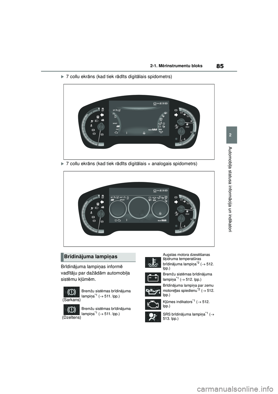 TOYOTA COROLLA HATCHBACK 2022  Lietošanas Instrukcija (in Latvian) 85
2
2-1. M
ērinstrumentu bloks
Automobi ļa statusa inform ācija un indikatori
�X7 collu ekr āns (kad tiek r ādīts digit ālais spidometrs)
�X7 collu ekr āns (kad tiek r ādīts digit ālais + 