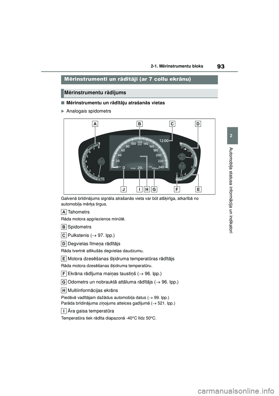 TOYOTA COROLLA HATCHBACK 2022  Lietošanas Instrukcija (in Latvian) 93
2
2-1. M
ērinstrumentu bloks
Automobi ļa statusa inform ācija un indikatori
■M ērinstrumentu un r ād īt ā ju atrašan ās vietas
�XAnalogais spidometrs
Galven ā br īdin ājums sign āla 