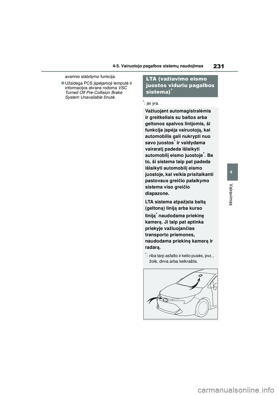 TOYOTA COROLLA HATCHBACK 2022  Eksploatavimo vadovas (in Lithuanian) 231
4
4-5. Vairuotojo pagalbos sistem
ų naudojimas
Vairavimas
avarinio stabdymo funkcija.
●Užsidega PCS  įsp ėjamoji lemput ė ir 
informacijos ekrane rodoma  VSC 
Turned Off Pre-Collision Brake