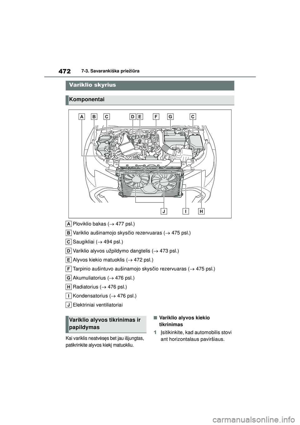 TOYOTA COROLLA HATCHBACK 2022 Eksploatavimo vadovas (in Lithuanian) 4727-3. Savarankiška priežiūra
Ploviklio bakas ( 477 psl.)
Variklio aušinamojo skys čio rezervuaras ( 475 psl.)
Saugikliai ( 494 psl.)
Variklio alyvos užpildymo dangtelis ( 473 p TOYOTA COROLLA HATCHBACK 2022 Eksploatavimo vadovas (in Lithuanian) 4727-3. Savarankiška priežiūra
Ploviklio bakas ( 477 psl.)
Variklio aušinamojo skys čio rezervuaras ( 475 psl.)
Saugikliai ( 494 psl.)
Variklio alyvos užpildymo dangtelis ( 473 p