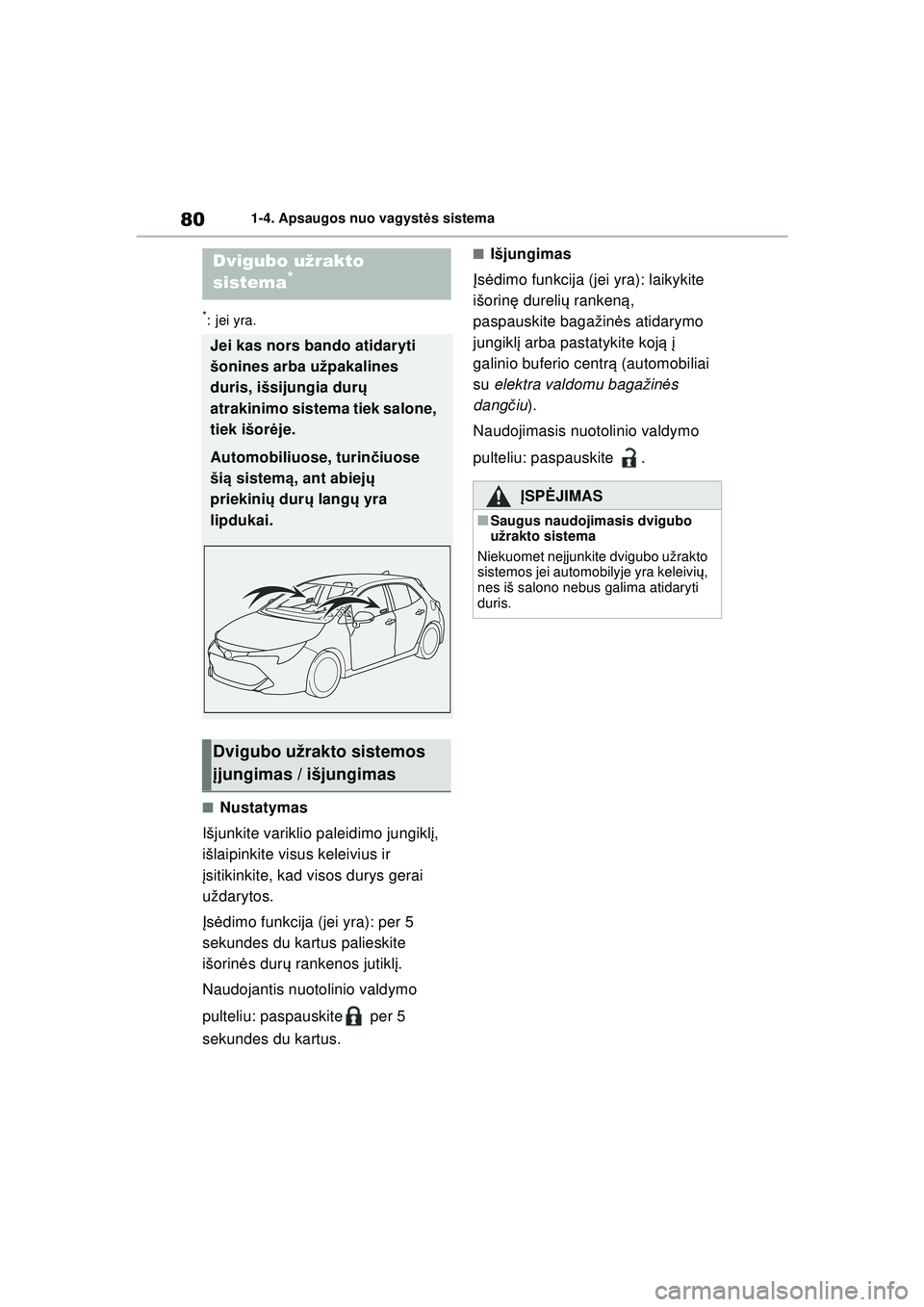 TOYOTA COROLLA HATCHBACK 2022 Eksploatavimo vadovas (in Lithuanian) 801-4. Apsaugos nuo vagystės sistema
*:jei yra.
■Nustatymas
Išjunkite variklio paleidimo jungikl į,
išlaipinkite visus keleivius ir
į sitikinkite, kad visos durys gerai
uždarytos.
Į s ė d TOYOTA COROLLA HATCHBACK 2022 Eksploatavimo vadovas (in Lithuanian) 801-4. Apsaugos nuo vagystės sistema
*:jei yra.
■Nustatymas
Išjunkite variklio paleidimo jungikl į,
išlaipinkite visus keleivius ir
į sitikinkite, kad visos durys gerai
uždarytos.
Į s ė d