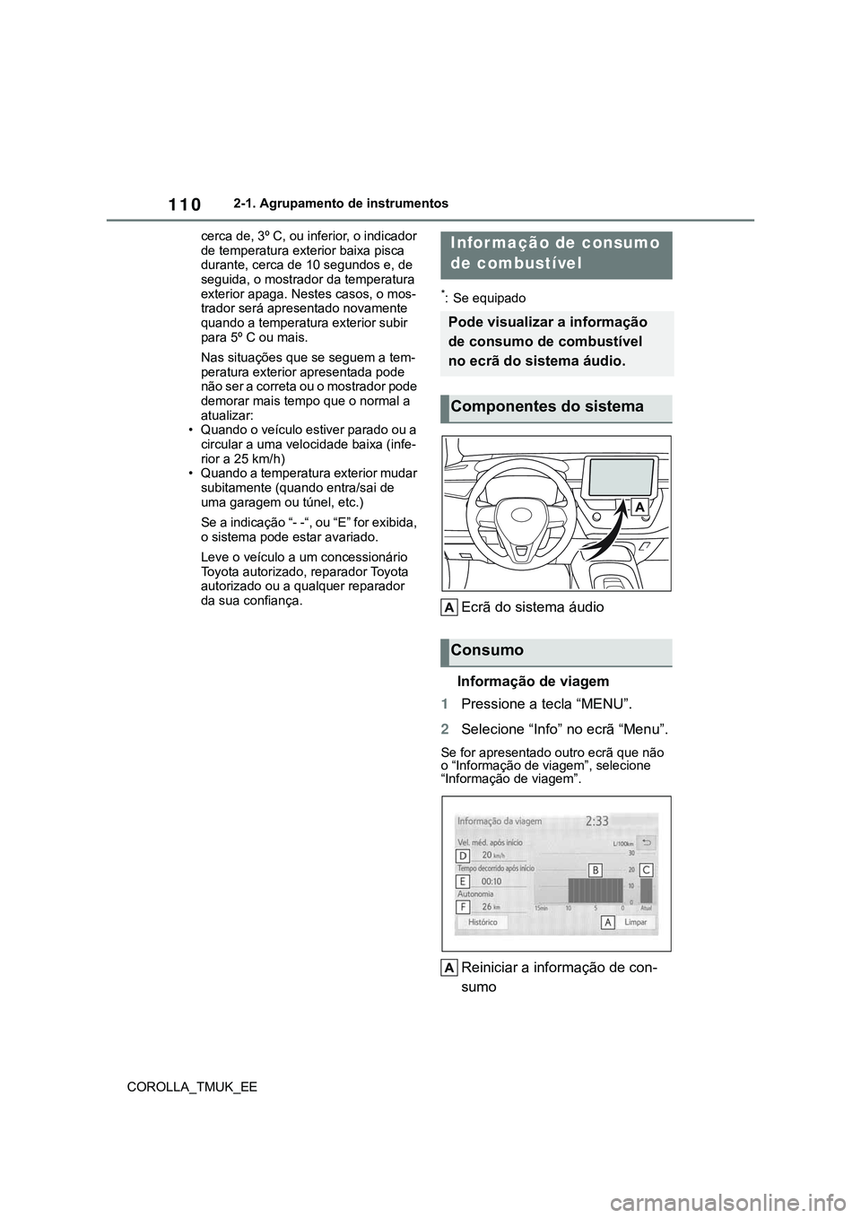 TOYOTA COROLLA HATCHBACK 2022 Manual de utilização (in Portuguese) 110
COROLLA_TMUK_EE2-1. Agrupamento de instrumentos
cerca de, 3º C, ou inferior, o indicador
de temperatura exterior baixa pisca
durante, cerca de 10 segundos e, de
seguida, o mostrador da tempera TOYOTA COROLLA HATCHBACK 2022 Manual de utilização (in Portuguese) 110
COROLLA_TMUK_EE2-1. Agrupamento de instrumentos
cerca de, 3º C, ou inferior, o indicador
de temperatura exterior baixa pisca
durante, cerca de 10 segundos e, de
seguida, o mostrador da tempera