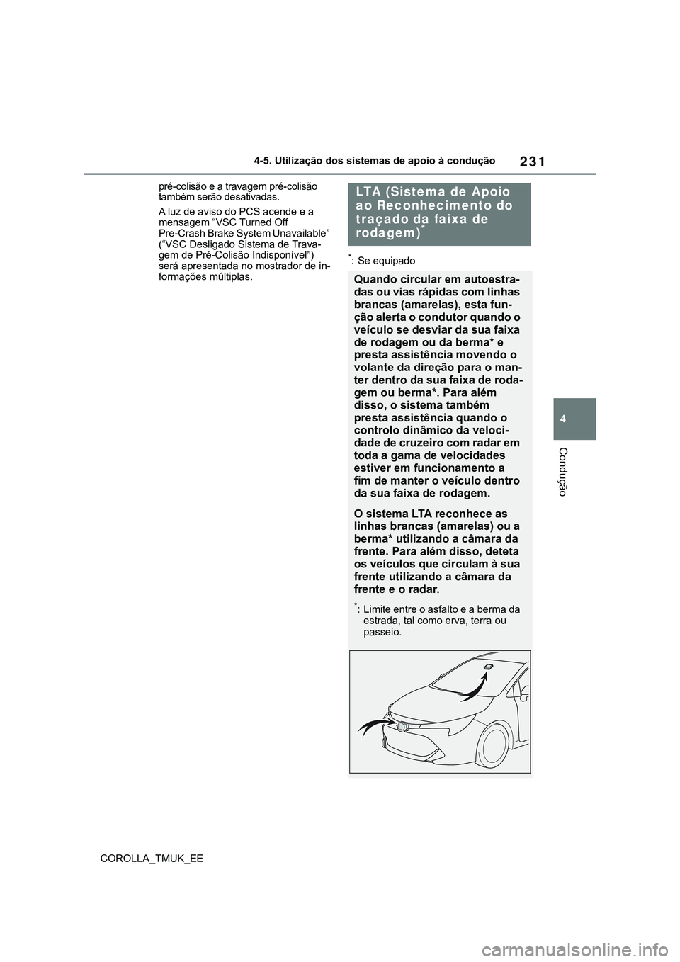 TOYOTA COROLLA HATCHBACK 2022 Manual de utilização (in Portuguese) 231
4
COROLLA_TMUK_EE4-5. Utilização dos sistemas de apoio à condução
Condução
pré-colisão e a travagem pré-colisão
também serão desativadas.
A luz de aviso do PCS acende e a
mensagem TOYOTA COROLLA HATCHBACK 2022 Manual de utilização (in Portuguese) 231
4
COROLLA_TMUK_EE4-5. Utilização dos sistemas de apoio à condução
Condução
pré-colisão e a travagem pré-colisão
também serão desativadas.
A luz de aviso do PCS acende e a
mensagem