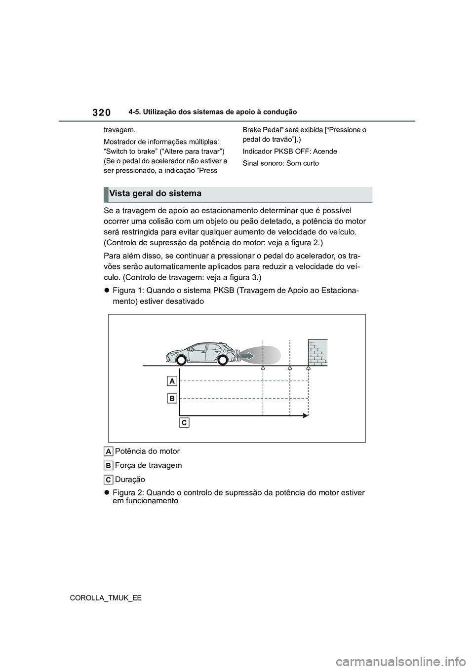TOYOTA COROLLA HATCHBACK 2022 Manual de utilização (in Portuguese) 320
COROLLA_TMUK_EE4-5. Utilização dos sistemas de apoio à condução
travagem.
Mostrador de informações múltiplas:
“Switch to brake” (“Altere para travar”)
(Se o pedal do acelerador n TOYOTA COROLLA HATCHBACK 2022 Manual de utilização (in Portuguese) 320
COROLLA_TMUK_EE4-5. Utilização dos sistemas de apoio à condução
travagem.
Mostrador de informações múltiplas:
“Switch to brake” (“Altere para travar”)
(Se o pedal do acelerador n