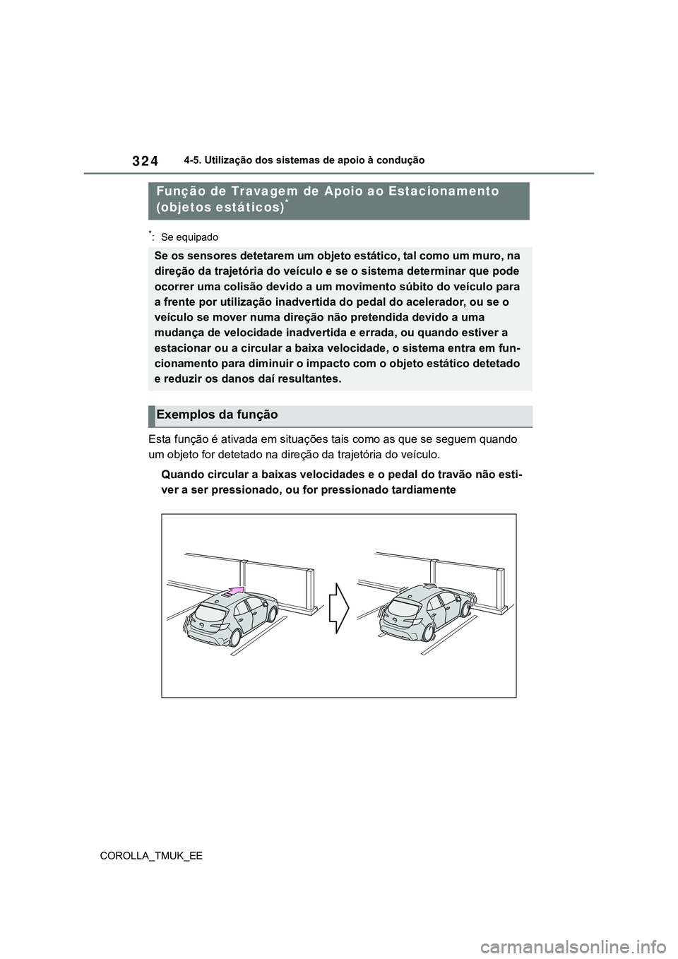 TOYOTA COROLLA HATCHBACK 2022 Manual de utilização (in Portuguese) 324
COROLLA_TMUK_EE4-5. Utilização dos sistemas de apoio à condução
*: Se equipado
Esta função é ativada em situações tais como as que se seguem quando
um objeto for detetado na direção TOYOTA COROLLA HATCHBACK 2022 Manual de utilização (in Portuguese) 324
COROLLA_TMUK_EE4-5. Utilização dos sistemas de apoio à condução
*: Se equipado
Esta função é ativada em situações tais como as que se seguem quando
um objeto for detetado na direção