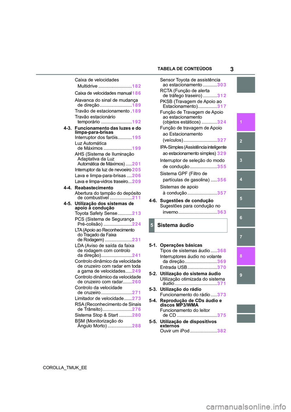 TOYOTA COROLLA HATCHBACK 2022  Manual de utilização (in Portuguese) 3
COROLLA_TMUK_EETABELA DE CONTEÚDOS
1
6 5
4
3
2
8
7
9
Caixa de velocidades 
Multidrive ..........................182
Caixa de velocidades manual186
Alavanca do sinal de mudança 
de direção ......
