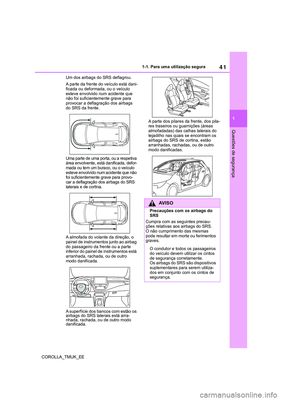 TOYOTA COROLLA HATCHBACK 2022 Manual de utilização (in Portuguese) 41
1
COROLLA_TMUK_EE1-1. Para uma utilização segura
Questões de segurança
Um dos airbags do SRS deflagrou.
A parte da frente do veículo está dani-
ficada ou deformada, ou o veículo
esteve envo TOYOTA COROLLA HATCHBACK 2022 Manual de utilização (in Portuguese) 41
1
COROLLA_TMUK_EE1-1. Para uma utilização segura
Questões de segurança
Um dos airbags do SRS deflagrou.
A parte da frente do veículo está dani-
ficada ou deformada, ou o veículo
esteve envo