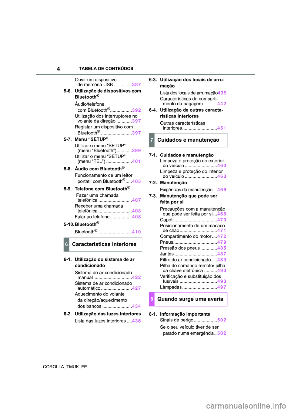 TOYOTA COROLLA HATCHBACK 2022  Manual de utilização (in Portuguese) 4
COROLLA_TMUK_EETABELA DE CONTEÚDOS
Ouvir um dispositivo 
de memória USB ..............387
5-6. Utilização de dispositivos com 
Bluetooth
®
Áudio/telefone 
com Bluetooth®.................392
U