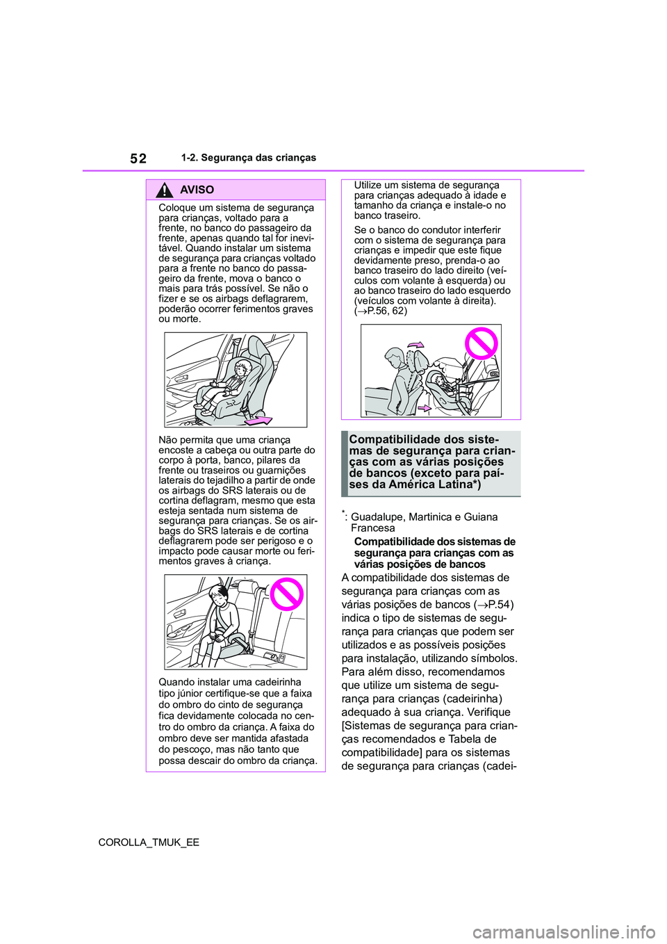 TOYOTA COROLLA HATCHBACK 2022  Manual de utilização (in Portuguese) 52
COROLLA_TMUK_EE1-2. Segurança das crianças
*: Guadalupe, Martinica e Guiana 
Francesa
Compatibilidade dos sistemas de 
segurança para crianças com as 
várias posições de bancos 
A compatibil