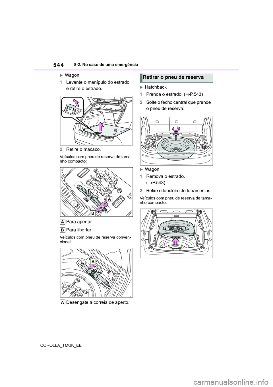TOYOTA COROLLA HATCHBACK 2022  Manual de utilização (in Portuguese) 544
COROLLA_TMUK_EE8-2. No caso de uma emergência
Wagon
1Levante o manípulo do estrado 
e retire o estrado.
2Retire o macaco.
Veículos com pneu de reserva de tama-
nho compacto:
Para apertar
Par