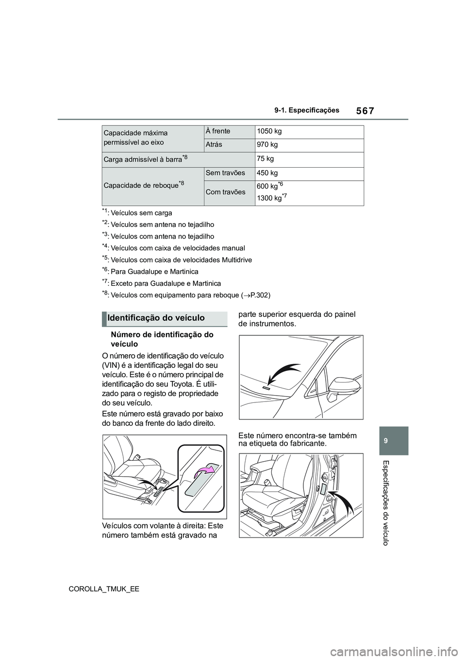 TOYOTA COROLLA HATCHBACK 2022 Manual de utilização (in Portuguese) 567
9
COROLLA_TMUK_EE9-1. Especificações
Especificações do veículo
*1: Veículos sem carga
*2: Veículos sem antena no tejadilho
*3: Veículos com antena no tejadilho
*4: Veículos com caixa de v TOYOTA COROLLA HATCHBACK 2022 Manual de utilização (in Portuguese) 567
9
COROLLA_TMUK_EE9-1. Especificações
Especificações do veículo
*1: Veículos sem carga
*2: Veículos sem antena no tejadilho
*3: Veículos com antena no tejadilho
*4: Veículos com caixa de v