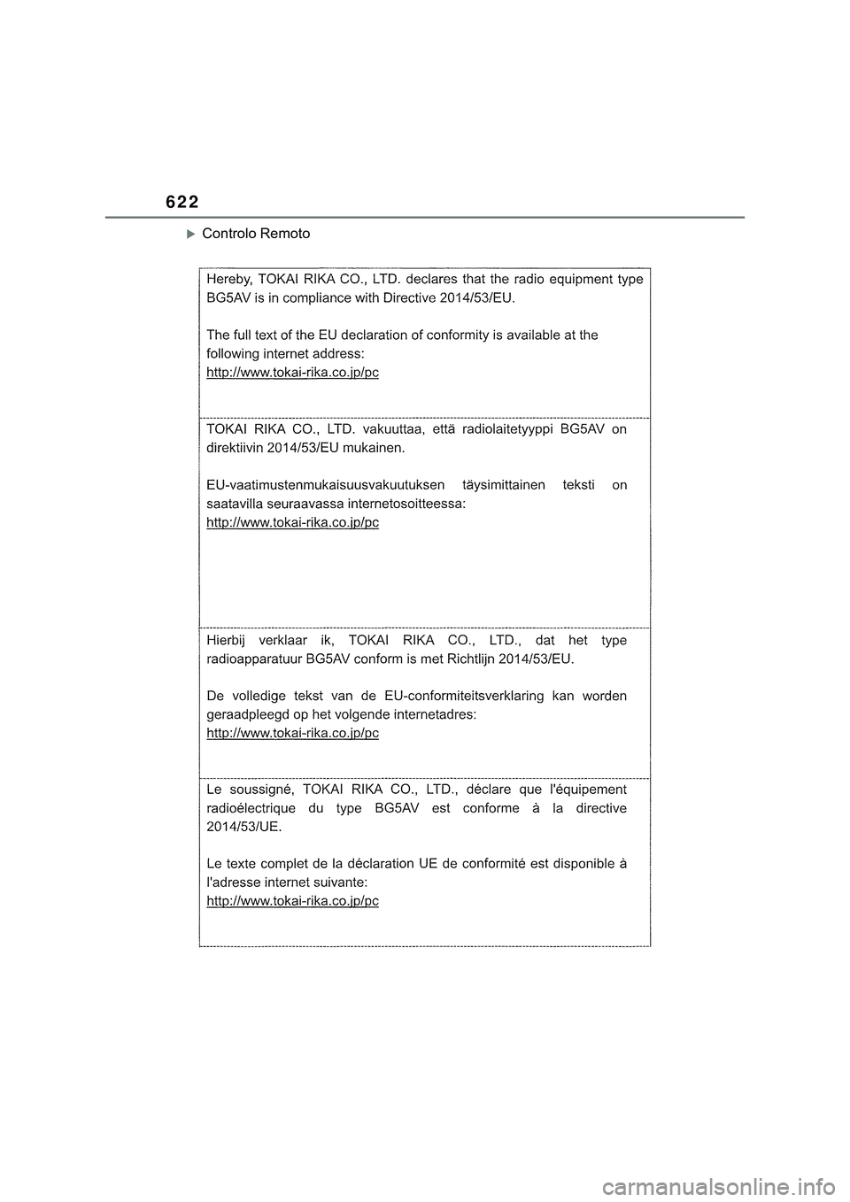 TOYOTA COROLLA HATCHBACK 2022  Manual de utilização (in Portuguese) 622
Controlo Remoto 