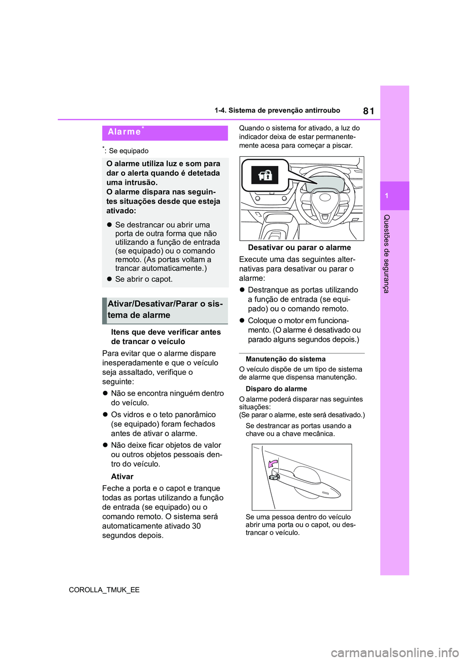 TOYOTA COROLLA HATCHBACK 2022 Manual de utilização (in Portuguese) 81
1
COROLLA_TMUK_EE1-4. Sistema de prevenção antirroubo
Questões de segurança
*: Se equipado
Itens que deve verificar antes
de trancar o veículo
Para evitar que o alarme dispare
inesperadament TOYOTA COROLLA HATCHBACK 2022 Manual de utilização (in Portuguese) 81
1
COROLLA_TMUK_EE1-4. Sistema de prevenção antirroubo
Questões de segurança
*: Se equipado
Itens que deve verificar antes
de trancar o veículo
Para evitar que o alarme dispare
inesperadament