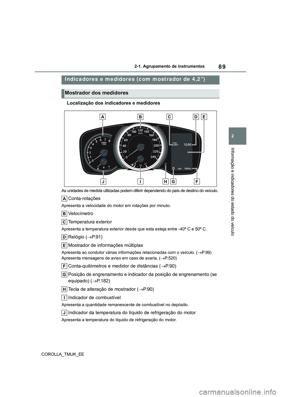 TOYOTA COROLLA HATCHBACK 2022 Manual de utilização (in Portuguese) 89
2
COROLLA_TMUK_EE2-1. Agrupamento de instrumentos
Informação e indicadores do estado do veículo
Localização dos indicadores e medidores
As unidades de medida utilizadas podem diferir dependend TOYOTA COROLLA HATCHBACK 2022 Manual de utilização (in Portuguese) 89
2
COROLLA_TMUK_EE2-1. Agrupamento de instrumentos
Informação e indicadores do estado do veículo
Localização dos indicadores e medidores
As unidades de medida utilizadas podem diferir dependend