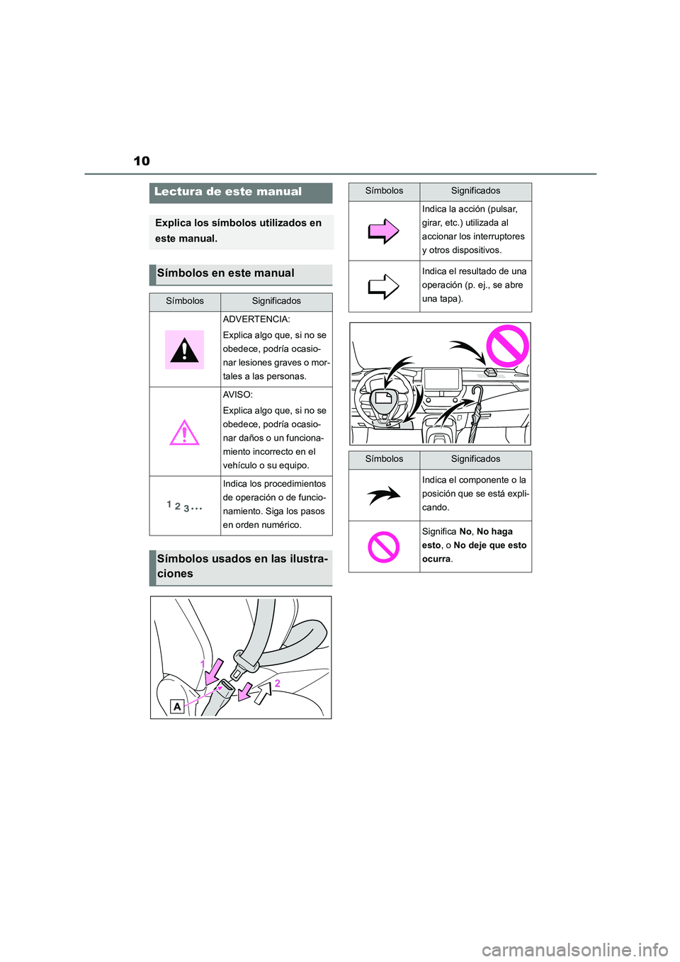TOYOTA COROLLA HATCHBACK 2022 Manuale de Empleo (in Spanish) 10
Lectura de este manual
Explica los símbolos utilizados en
este manual.
Símbolos en este manual
SímbolosSignificados
ADVERTENCIA:
Explica algo que, si no se
obedece, podría ocasio-
nar lesi TOYOTA COROLLA HATCHBACK 2022 Manuale de Empleo (in Spanish) 10
Lectura de este manual
Explica los símbolos utilizados en
este manual.
Símbolos en este manual
SímbolosSignificados
ADVERTENCIA:
Explica algo que, si no se
obedece, podría ocasio-
nar lesi
