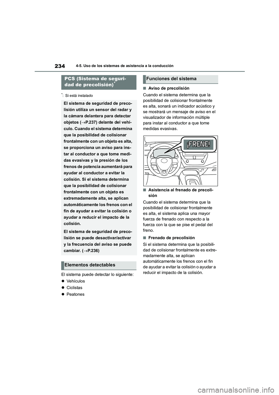 TOYOTA COROLLA HATCHBACK 2022 Manuale de Empleo (in Spanish) 2344-5. Uso de los sistemas de asistencia a la conducción
*: Si está instalado
El sistema puede detectar lo siguiente:
Ve h íc u l o s
Ciclistas
Peatones
■Aviso de precolisión
Cu TOYOTA COROLLA HATCHBACK 2022 Manuale de Empleo (in Spanish) 2344-5. Uso de los sistemas de asistencia a la conducción
*: Si está instalado
El sistema puede detectar lo siguiente:
Ve h íc u l o s
Ciclistas
Peatones
■Aviso de precolisión
Cu