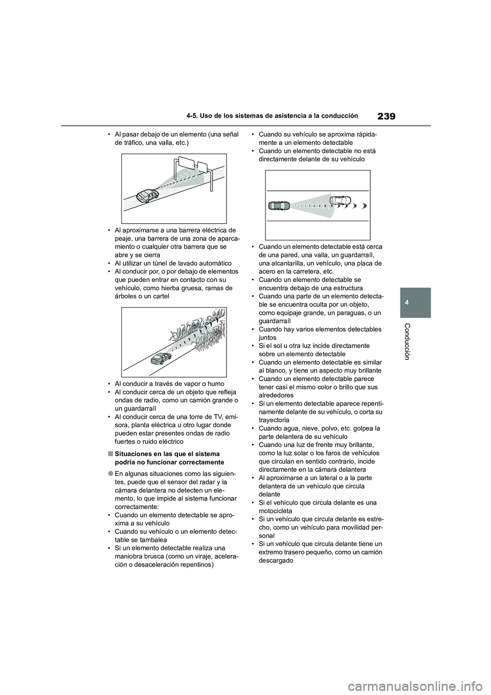 TOYOTA COROLLA HATCHBACK 2022 Manuale de Empleo (in Spanish) 239
4
4-5. Uso de los sistemas de asistencia a la conducción
Conducción
• Al pasar debajo de un elemento (una señal de tráfico, una valla, etc.)
• Al aproximarse a una barrera eléctrica de TOYOTA COROLLA HATCHBACK 2022 Manuale de Empleo (in Spanish) 239
4
4-5. Uso de los sistemas de asistencia a la conducción
Conducción
• Al pasar debajo de un elemento (una señal de tráfico, una valla, etc.)
• Al aproximarse a una barrera eléctrica de