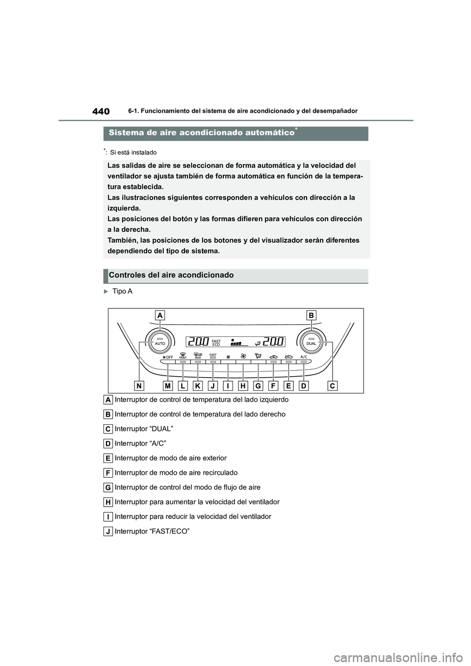 TOYOTA COROLLA HATCHBACK 2022 Manuale de Empleo (in Spanish) 4406-1. Funcionamiento del sistema de aire acondicionado y del desempañador
*: Si está instalado
Tipo A
Interruptor de control de temperatura del lado izquierdo
Interruptor de control de temper TOYOTA COROLLA HATCHBACK 2022 Manuale de Empleo (in Spanish) 4406-1. Funcionamiento del sistema de aire acondicionado y del desempañador
*: Si está instalado
Tipo A
Interruptor de control de temperatura del lado izquierdo
Interruptor de control de temper
