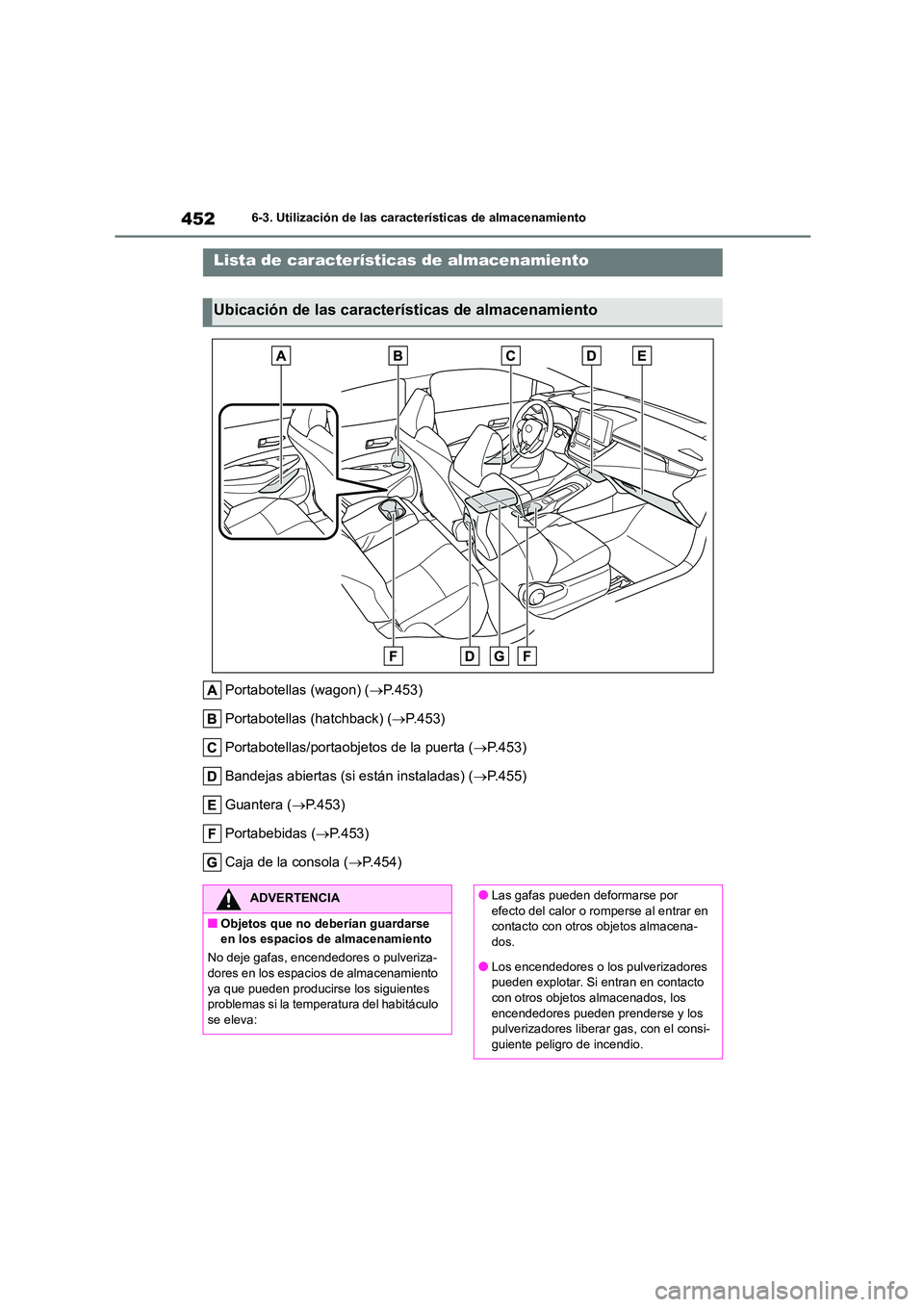 TOYOTA COROLLA HATCHBACK 2022 Manuale de Empleo (in Spanish) 4526-3. Utilización de las características de almacenamiento
6-3.Utilización de las características de almacenamiento
Portabotellas (wagon) (P.453)
Portabotellas (hatchback) ( P.453)
Porta TOYOTA COROLLA HATCHBACK 2022 Manuale de Empleo (in Spanish) 4526-3. Utilización de las características de almacenamiento
6-3.Utilización de las características de almacenamiento
Portabotellas (wagon) (P.453)
Portabotellas (hatchback) ( P.453)
Porta