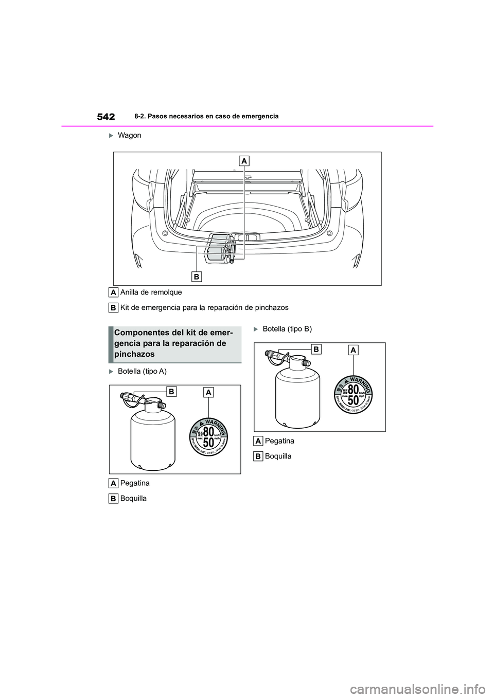 TOYOTA COROLLA HATCHBACK 2022 Manuale de Empleo (in Spanish) 5428-2. Pasos necesarios en caso de emergencia
Wagon
Anilla de remolque
Kit de emergencia para la reparación de pinchazos
Botella (tipo A)
Pegatina
Boquilla
Botella (tipo B)
Pegatina
B TOYOTA COROLLA HATCHBACK 2022 Manuale de Empleo (in Spanish) 5428-2. Pasos necesarios en caso de emergencia
Wagon
Anilla de remolque
Kit de emergencia para la reparación de pinchazos
Botella (tipo A)
Pegatina
Boquilla
Botella (tipo B)
Pegatina
B