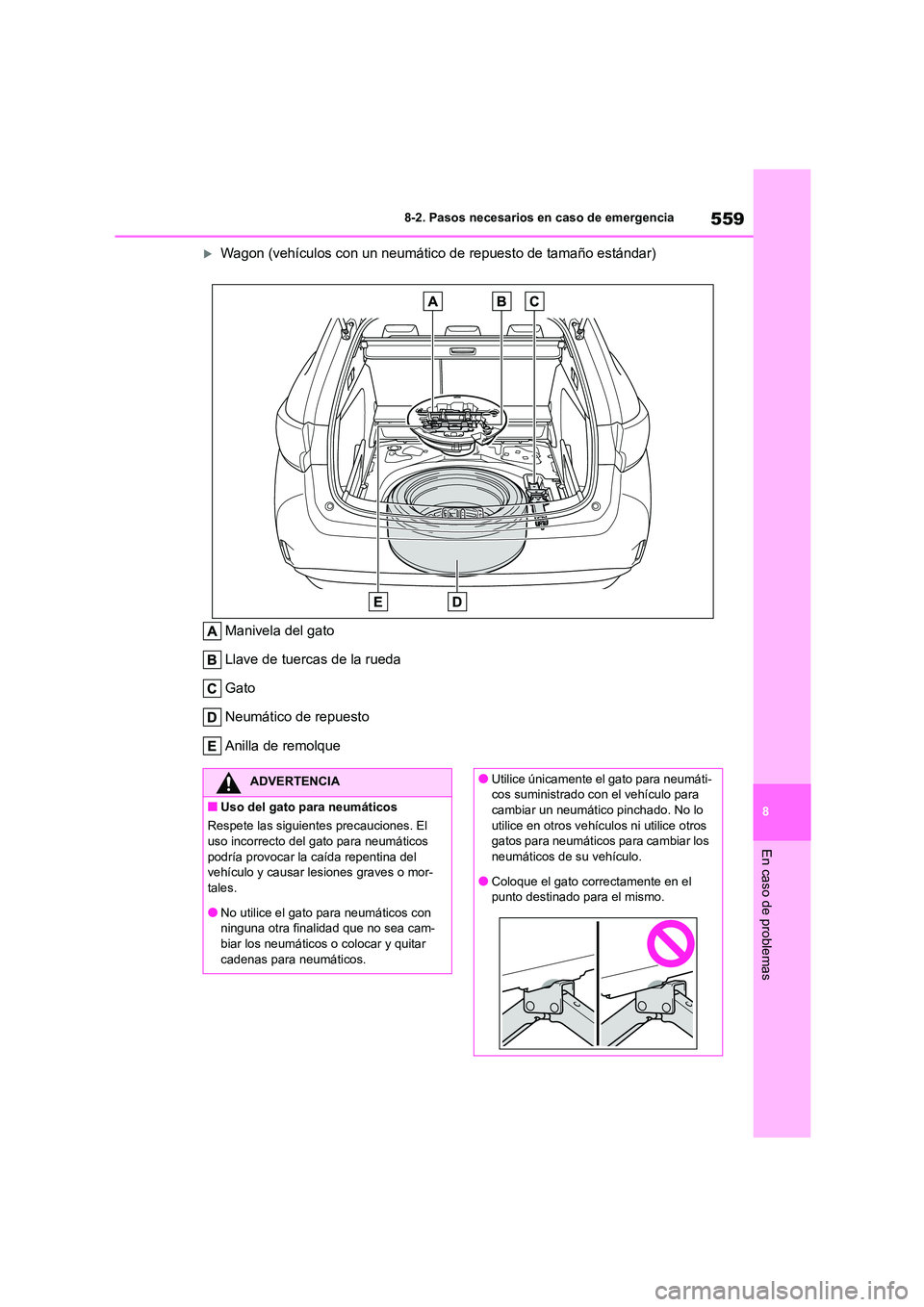 TOYOTA COROLLA HATCHBACK 2022 Manuale de Empleo (in Spanish) 559
8
8-2. Pasos necesarios en caso de emergencia
En caso de problemas
Wagon (vehículos con un neumático de repuesto de tamaño estándar)
Manivela del gato
Llave de tuercas de la rueda
Gato
TOYOTA COROLLA HATCHBACK 2022 Manuale de Empleo (in Spanish) 559
8
8-2. Pasos necesarios en caso de emergencia
En caso de problemas
Wagon (vehículos con un neumático de repuesto de tamaño estándar)
Manivela del gato
Llave de tuercas de la rueda
Gato