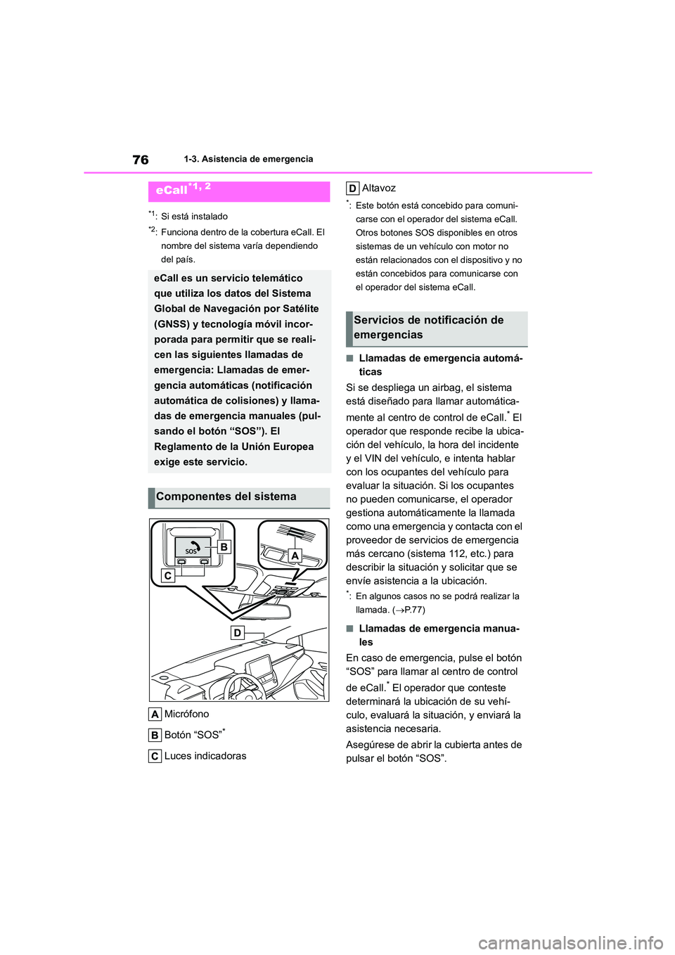 TOYOTA COROLLA HATCHBACK 2022 Manuale de Empleo (in Spanish) 761-3. Asistencia de emergencia
1-3.Asistencia de emergencia
*1: Si está instalado
*2: Funciona dentro de la cobertura eCall. El
nombre del sistema varía dependiendo
del país.
Micrófono
Botón TOYOTA COROLLA HATCHBACK 2022 Manuale de Empleo (in Spanish) 761-3. Asistencia de emergencia
1-3.Asistencia de emergencia
*1: Si está instalado
*2: Funciona dentro de la cobertura eCall. El
nombre del sistema varía dependiendo
del país.
Micrófono
Botón