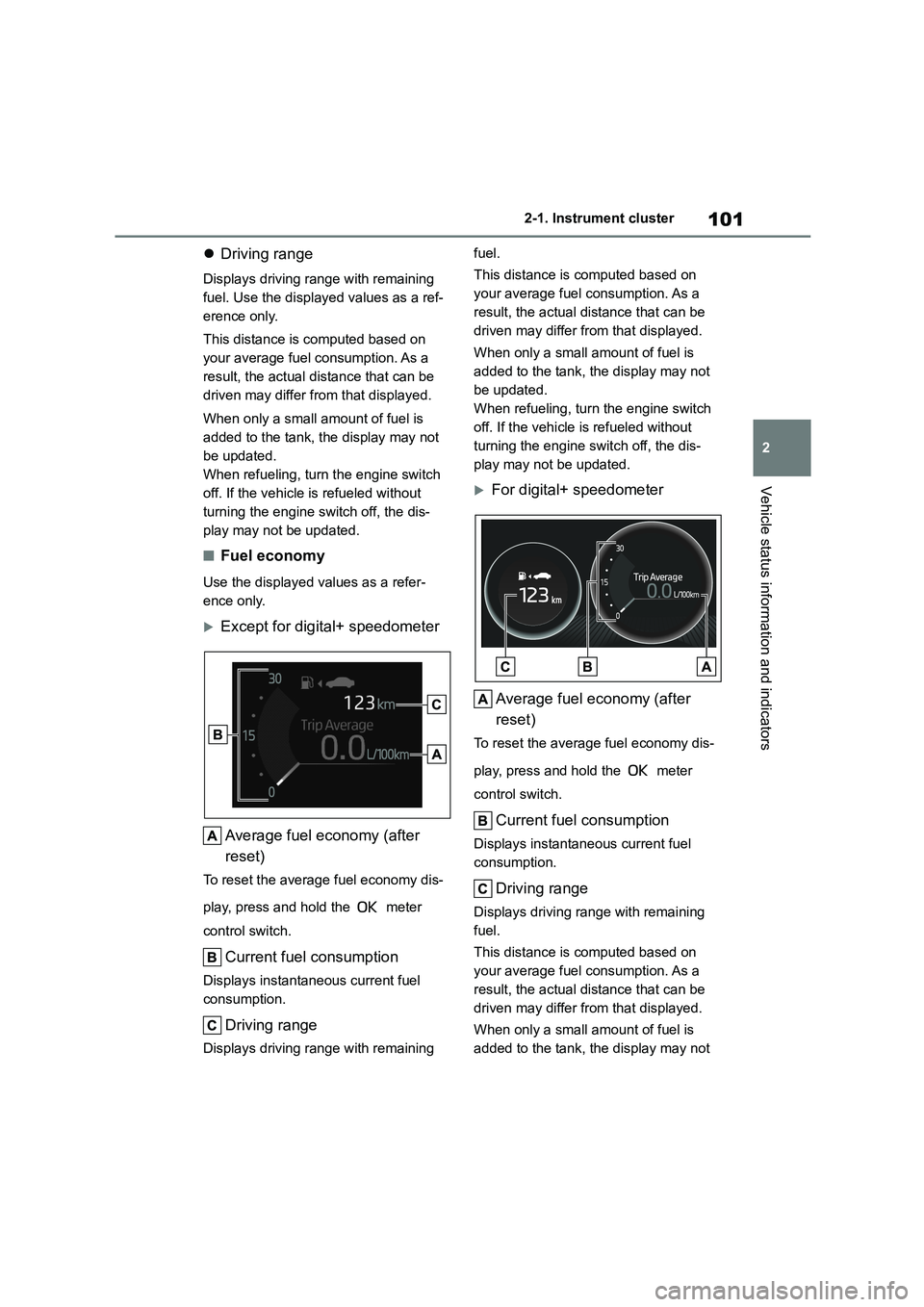 TOYOTA COROLLA HATCHBACK 2022 Owners Manual (in English) 101
2
2-1. Instrument cluster
Vehicle status information and indicators
Driving range
Displays driving range with remaining
fuel. Use the displayed values as a ref-
erence only.
This distance TOYOTA COROLLA HATCHBACK 2022 Owners Manual (in English) 101
2
2-1. Instrument cluster
Vehicle status information and indicators
Driving range
Displays driving range with remaining
fuel. Use the displayed values as a ref-
erence only.
This distance