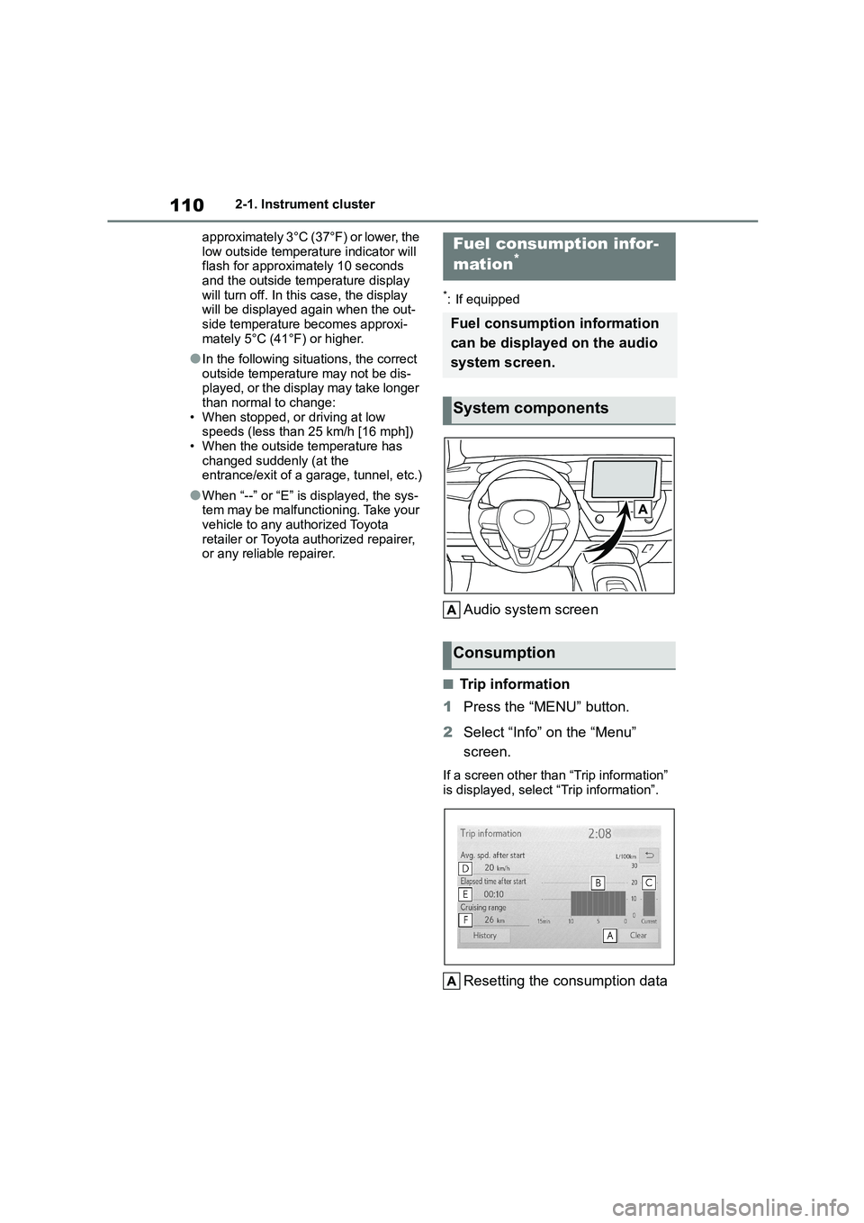 TOYOTA COROLLA HATCHBACK 2022 (in English) Owners Guide 1102-1. Instrument cluster
approximately 3°C (37°F) or lower, the
low outside temperature indicator will flash for approximately 10 seconds
and the outside temperature display
will turn off. TOYOTA COROLLA HATCHBACK 2022 (in English) Owners Guide 1102-1. Instrument cluster
approximately 3°C (37°F) or lower, the
low outside temperature indicator will flash for approximately 10 seconds
and the outside temperature display
will turn off.