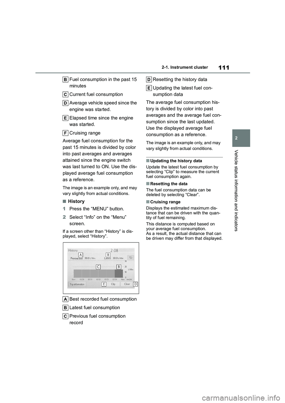 TOYOTA COROLLA HATCHBACK 2022 (in English) Owners Guide 111
2
2-1. Instrument cluster
Vehicle status information and indicators
Fuel consumption in the past 15
minutes
Current fuel consumption
Average vehicle speed since the
engine was started.
Elap TOYOTA COROLLA HATCHBACK 2022 (in English) Owners Guide 111
2
2-1. Instrument cluster
Vehicle status information and indicators
Fuel consumption in the past 15
minutes
Current fuel consumption
Average vehicle speed since the
engine was started.
Elap
