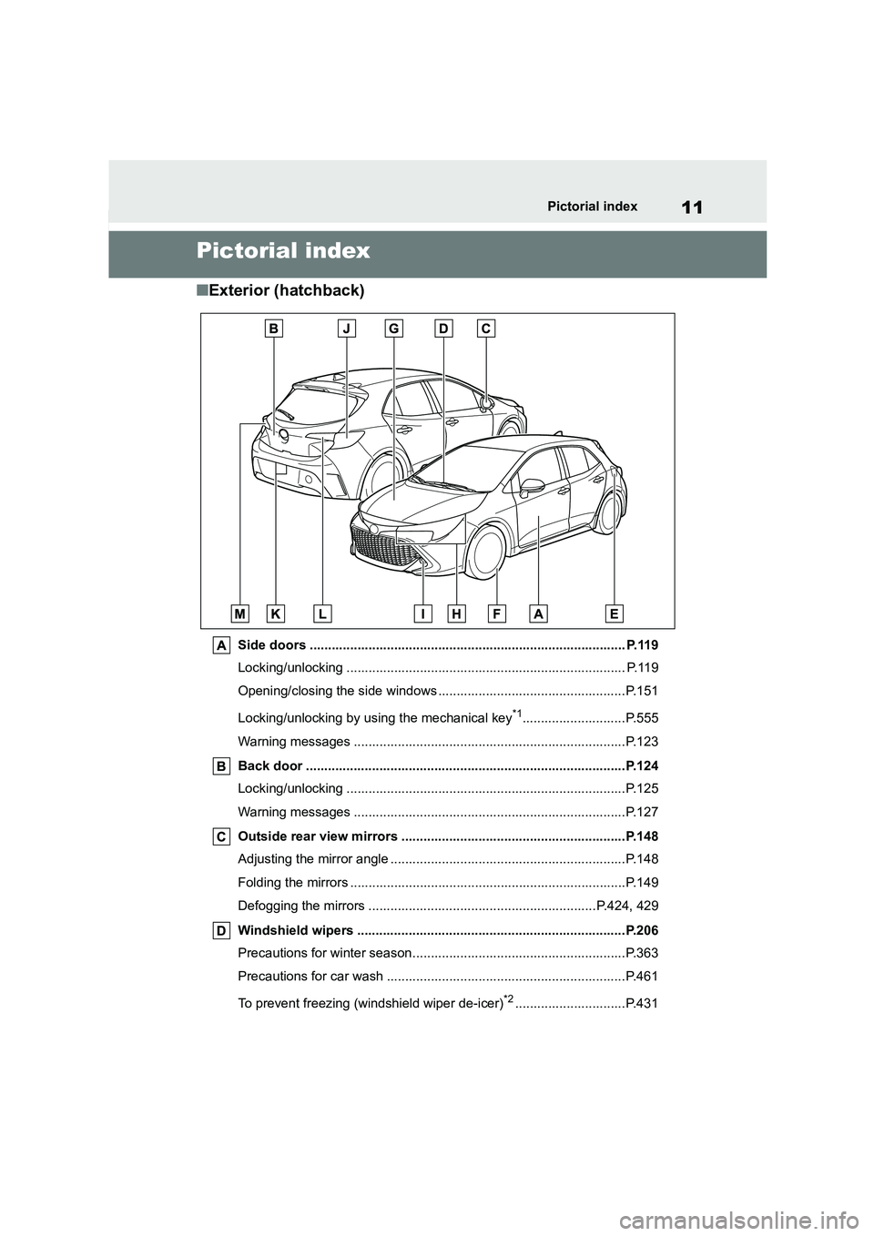 TOYOTA COROLLA HATCHBACK 2022  Owners Manual (in English) 11Pictorial index
Pictorial index
■Exterior (hatchback)
Side doors ...................................................................................... P.119 
Locking/unlocking ...................