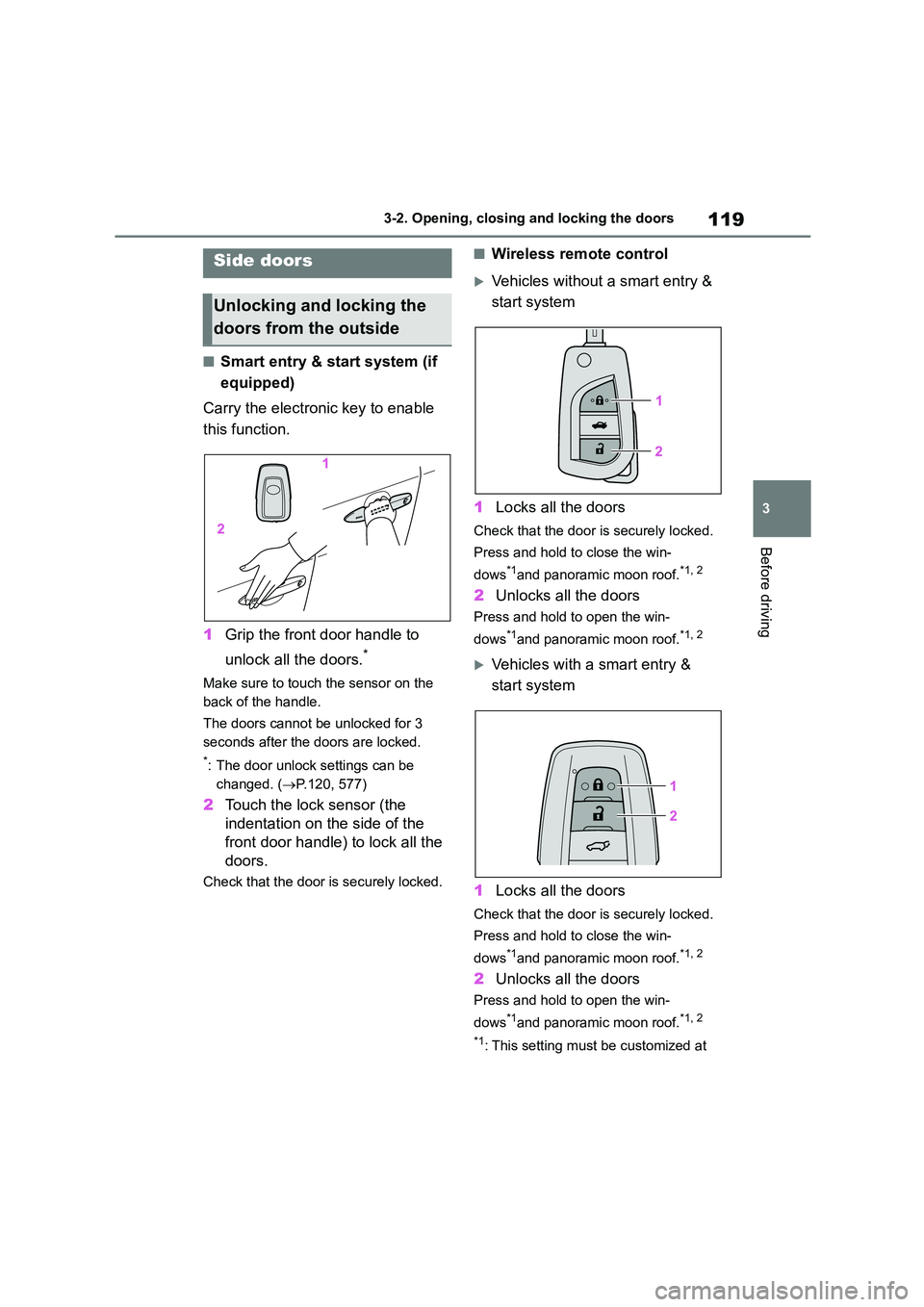 TOYOTA COROLLA HATCHBACK 2022 Owners Manual (in English) 119
3
3-2. Opening, closing and locking the doors
Before driving
3-2.Opening, closing and locking the doors
■Smart entry & start system (if
equipped)
Carry the electronic key to enable
this fu TOYOTA COROLLA HATCHBACK 2022 Owners Manual (in English) 119
3
3-2. Opening, closing and locking the doors
Before driving
3-2.Opening, closing and locking the doors
■Smart entry & start system (if
equipped)
Carry the electronic key to enable
this fu