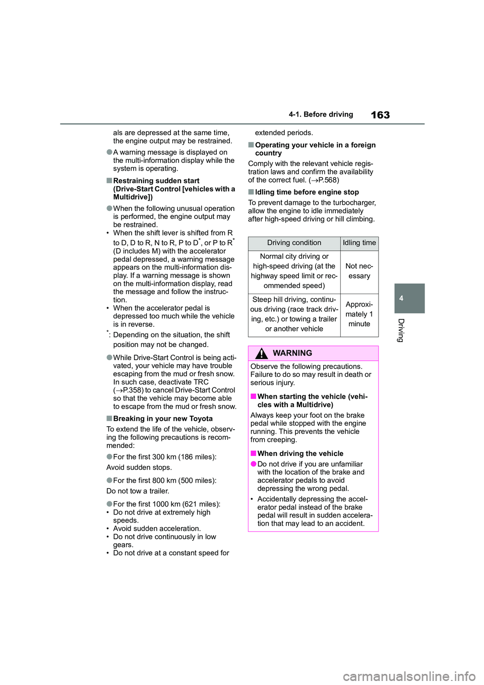 TOYOTA COROLLA HATCHBACK 2022 (in English) Service Manual 163
4
4-1. Before driving
Driving
als are depressed at the same time,
the engine output may be restrained.
●A warning message is displayed on
the multi-information display while the system is o TOYOTA COROLLA HATCHBACK 2022 (in English) Service Manual 163
4
4-1. Before driving
Driving
als are depressed at the same time,
the engine output may be restrained.
●A warning message is displayed on
the multi-information display while the system is o