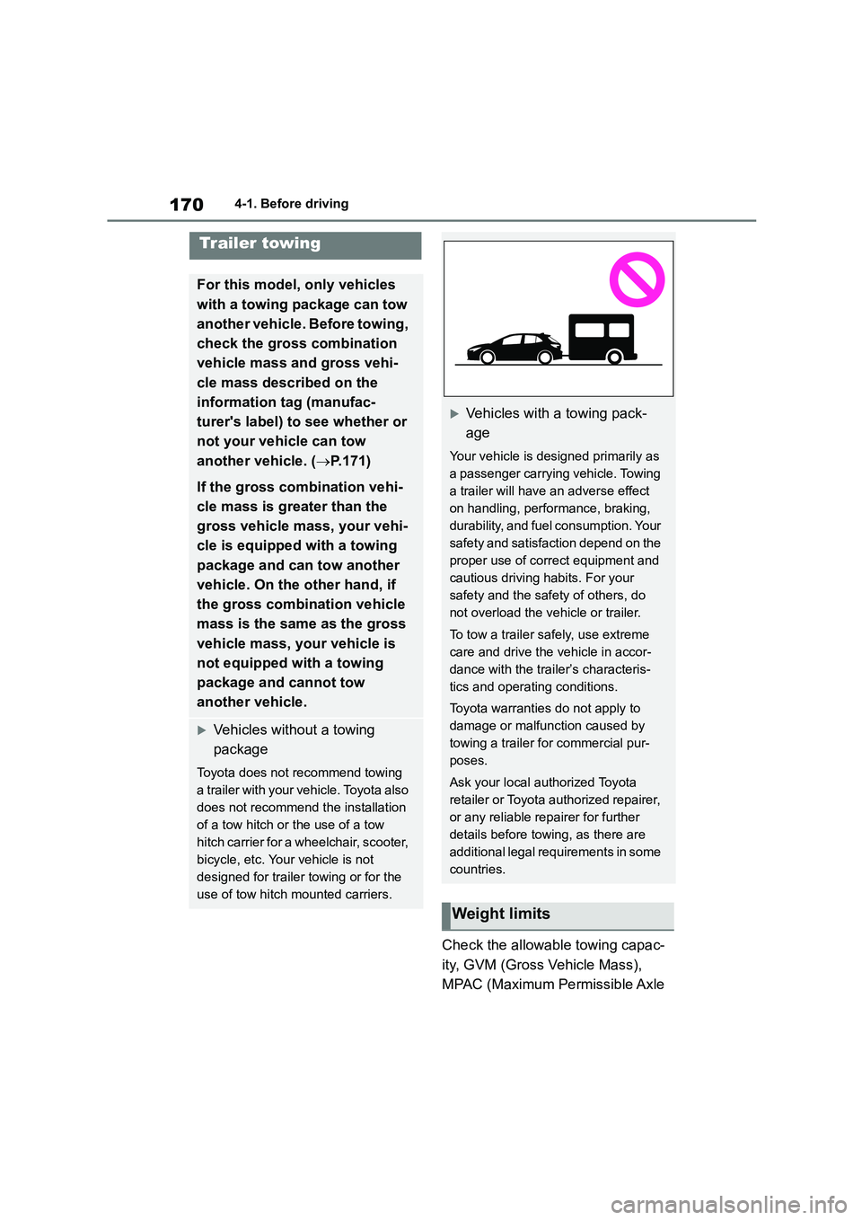 TOYOTA COROLLA HATCHBACK 2022  Owners Manual (in English) 1704-1. Before driving
Check the allowable towing capac- 
ity, GVM (Gross Vehicle Mass), 
MPAC (Maximum Permissible Axle 
Trailer towing
For this model, only vehicles 
with a towing package can tow 
a