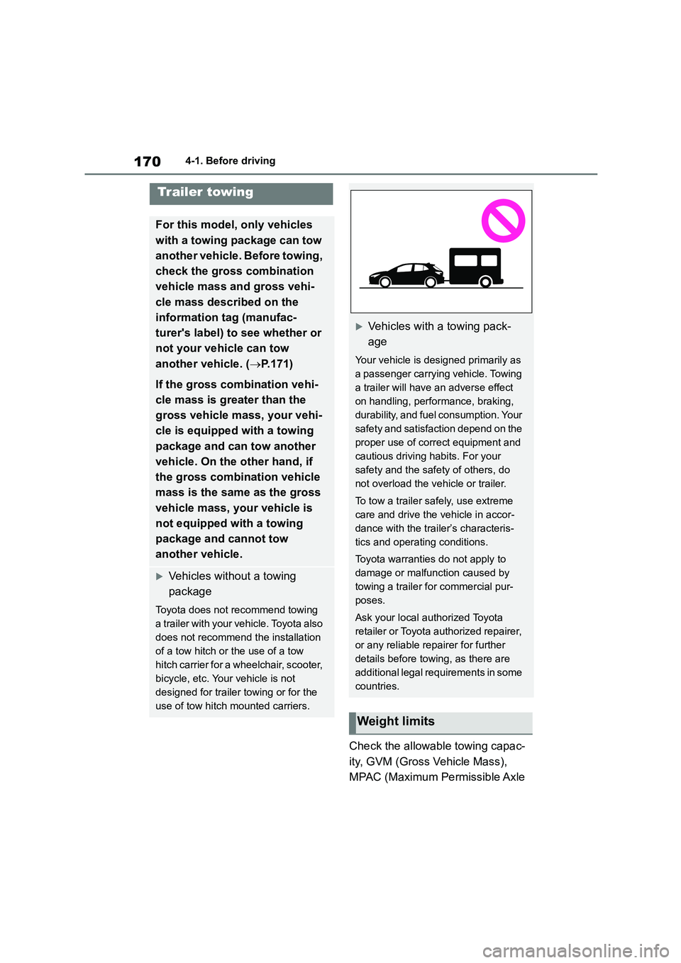 TOYOTA COROLLA HATCHBACK 2022 Owners Manual (in English) 1704-1. Before driving
Check the allowable towing capac-
ity, GVM (Gross Vehicle Mass),
MPAC (Maximum Permissible Axle
Trailer towing
For this model, only vehicles
with a towing package can tow
a TOYOTA COROLLA HATCHBACK 2022 Owners Manual (in English) 1704-1. Before driving
Check the allowable towing capac-
ity, GVM (Gross Vehicle Mass),
MPAC (Maximum Permissible Axle
Trailer towing
For this model, only vehicles
with a towing package can tow
a