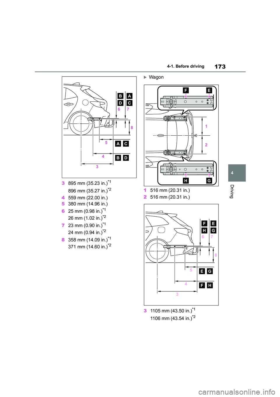 TOYOTA COROLLA HATCHBACK 2022 Owners Manual (in English) 173
4
4-1. Before driving
Driving3 895 mm (35.23 in.)*1
896 mm (35.27 in.)*2
4559 mm (22.00 in.)
5 380 mm (14.96 in.)
6 25 mm (0.98 in.)*1
26 mm (1.02 in.)*2
723 mm (0.90 in.)*1
24 mm (0.94 in.)*2
TOYOTA COROLLA HATCHBACK 2022 Owners Manual (in English) 173
4
4-1. Before driving
Driving3 895 mm (35.23 in.)*1
896 mm (35.27 in.)*2
4559 mm (22.00 in.)
5 380 mm (14.96 in.)
6 25 mm (0.98 in.)*1
26 mm (1.02 in.)*2
723 mm (0.90 in.)*1
24 mm (0.94 in.)*2