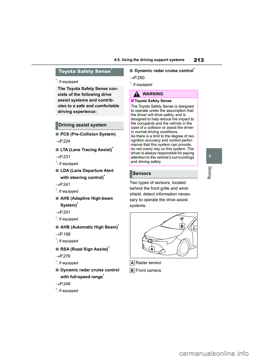 TOYOTA COROLLA HATCHBACK 2022   (in English) Owners Manual 213
4 
4-5. Using the driving support systems
Driving
4-5.Using the driving support systems
*: If equipped
■PCS (Pre-Collision System) 
 P. 2 2 4
■LTA (Lane Tracing Assist)*
P. 2 3 1
*: If e
