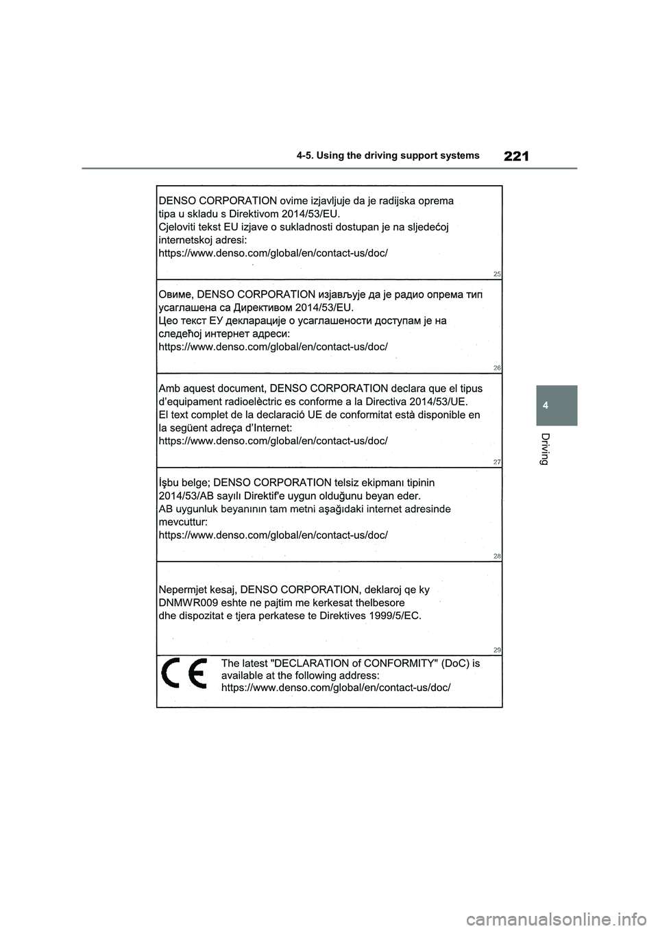 TOYOTA COROLLA HATCHBACK 2022 Owners Manual (in English) 221
4
4-5. Using the driving support systems
Driving TOYOTA COROLLA HATCHBACK 2022 Owners Manual (in English) 221
4
4-5. Using the driving support systems
Driving
